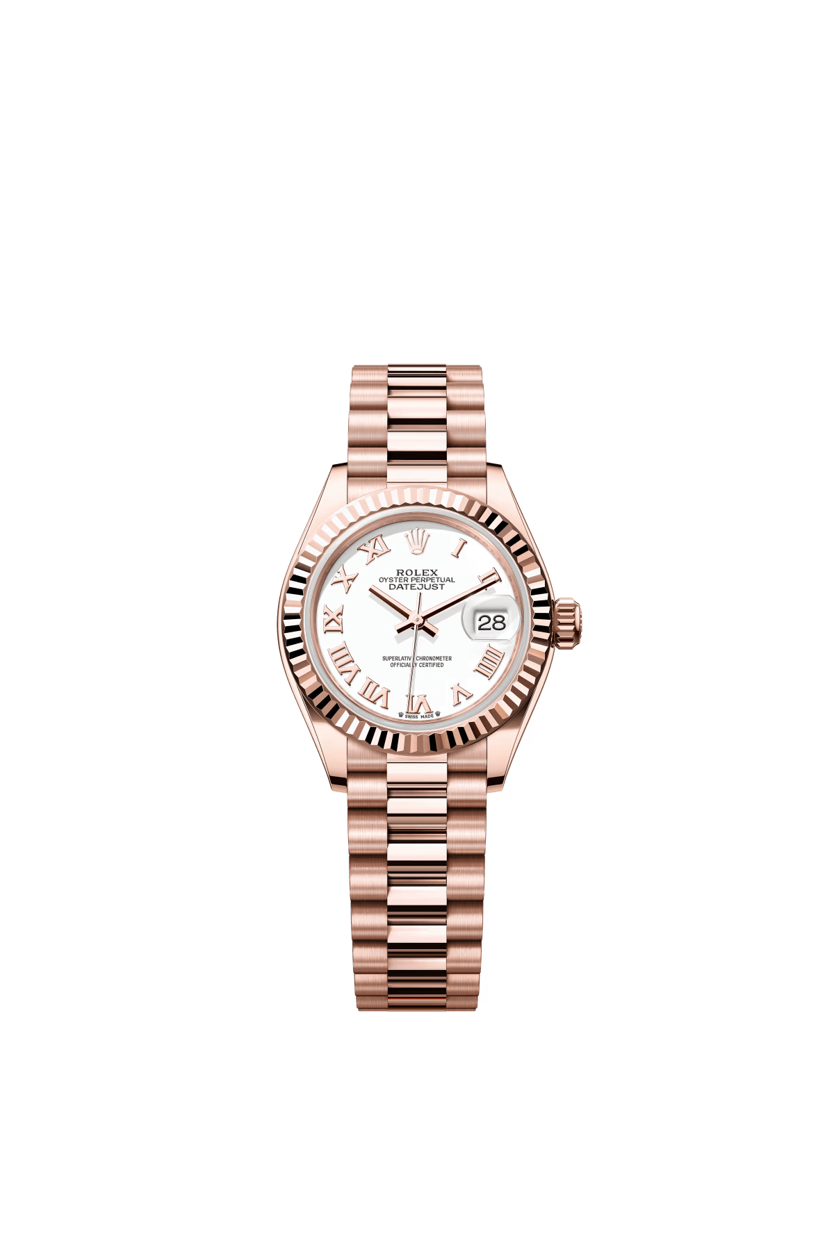 The Oyster Perpetual Lady-Datejust in 18-carat Everose gold with a white dial and President bracelet. -m279175-0021 28mm