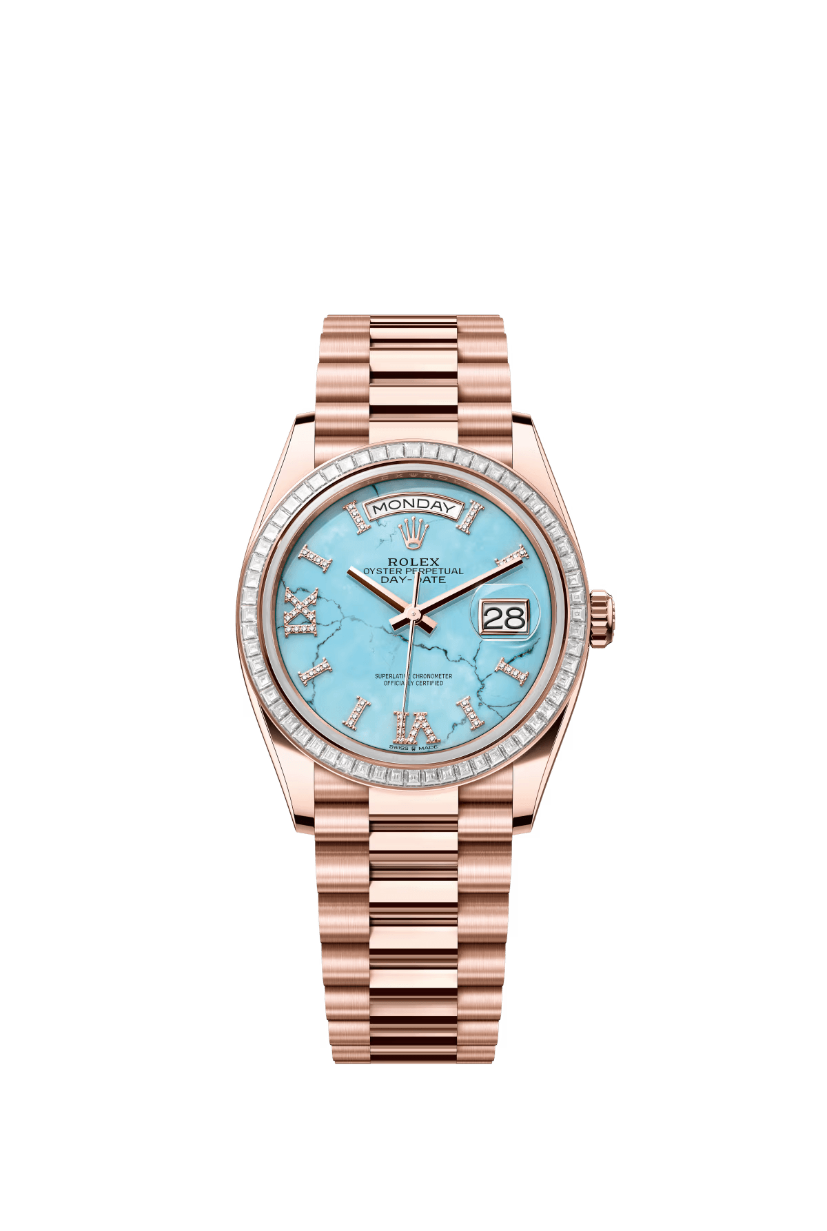 The Oyster Perpetual Day-Date 36 in 18 ct Everose gold with a diamond-set turquoise dial, diamond-set bezel and President bracelet. -m128395tbr-0018