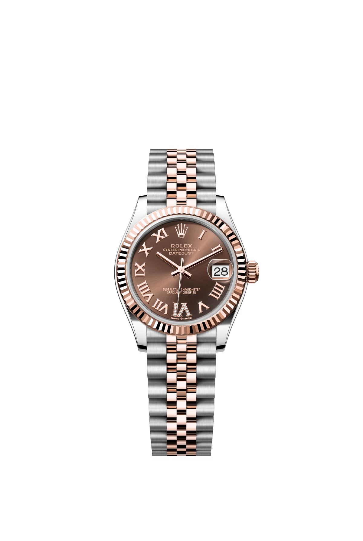 The Oyster Perpetual Datejust 31 is available in Everose gold and Oystersteel with a chocolate-coloured diamond-set dial and a Jubilee bracelet. -m278271-0004