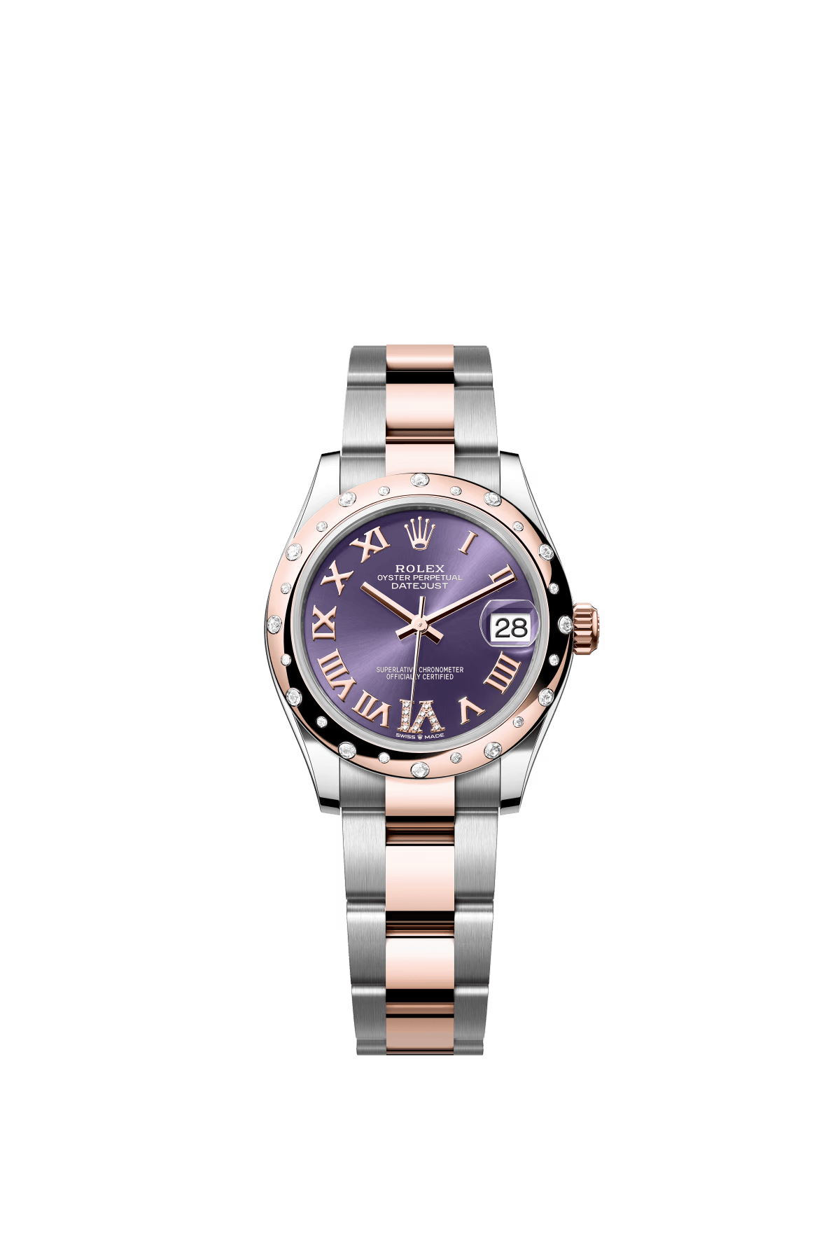 The Oyster Perpetual Datejust 31 is available in Everose gold and Oystersteel, with a diamond-set eggplant purple dial and an Oyster bracelet. -m278341rbr-0019