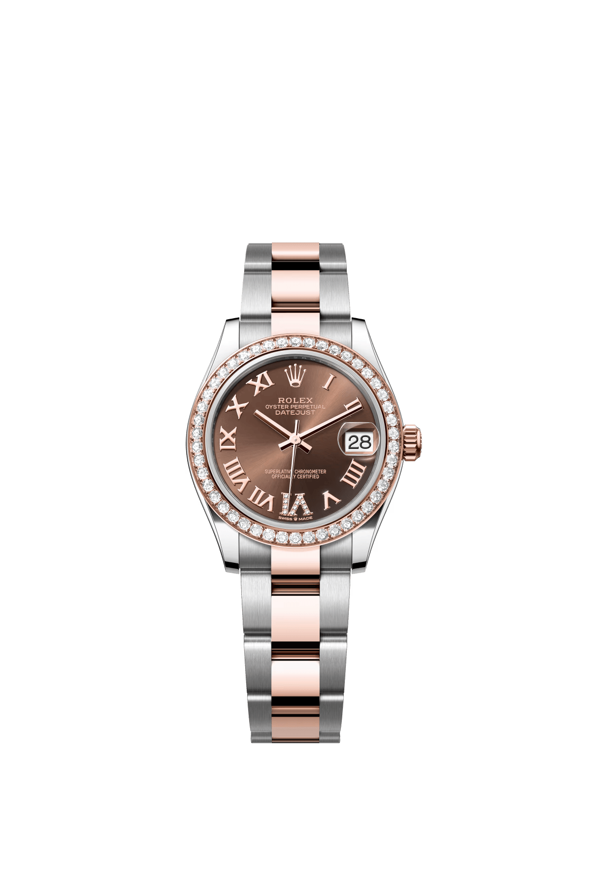 The Oyster Perpetual Datejust 31 is available in Everose gold and Oystersteel with a chocolate-coloured diamond-set dial and an Oyster bracelet. -m278381rbr-0005