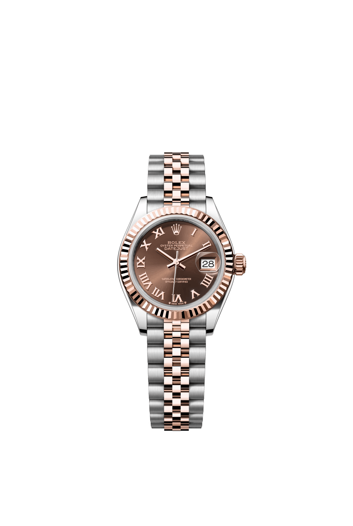 The Oyster Perpetual Lady-Datejust is available in Everose gold and Oystersteel with a chocolate-coloured dial and a Jubilee bracelet. -m279171-0009 28mm