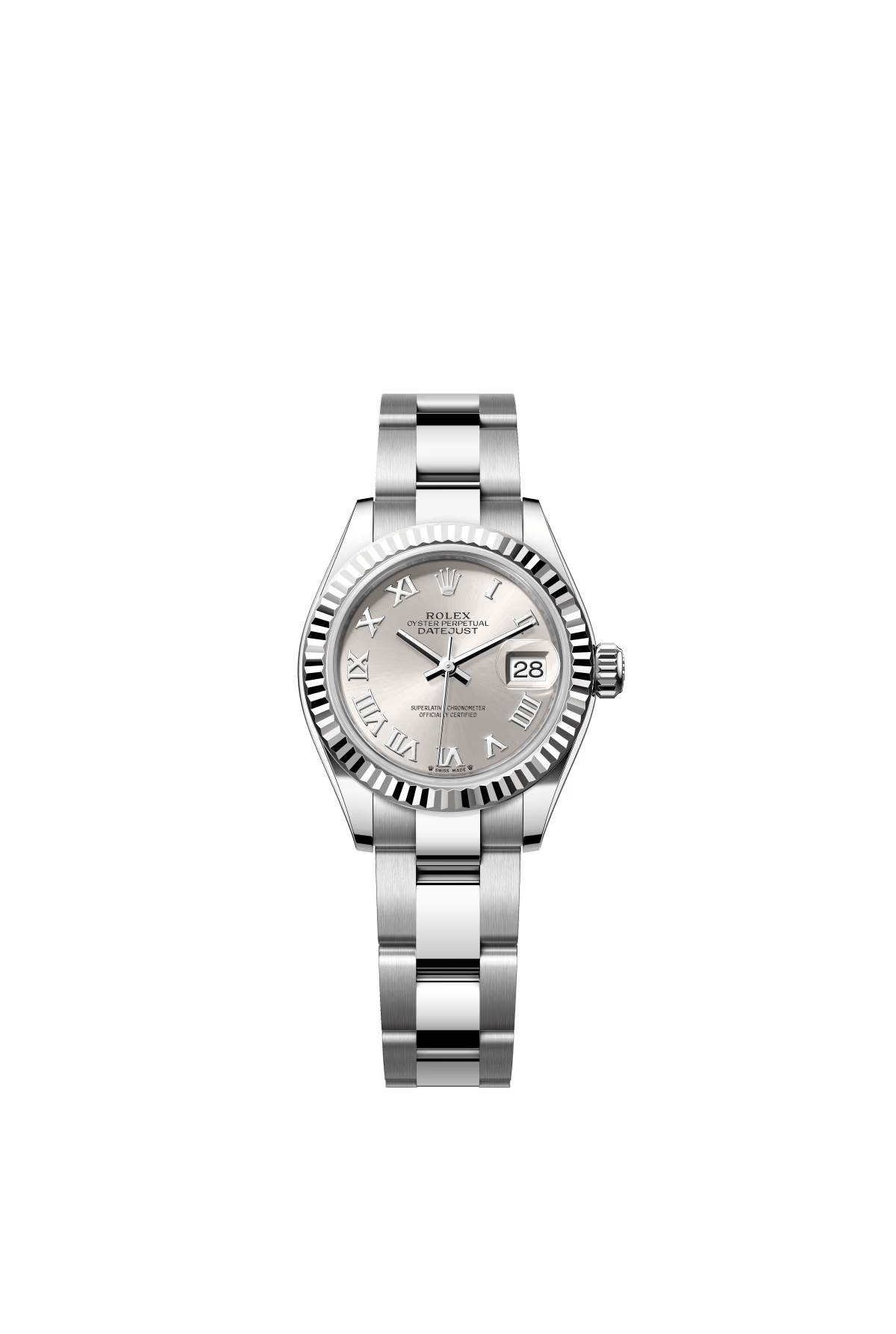 The Oyster Perpetual Lady-Datejust is available in white gold and Oystersteel with a silver dial and Oyster bracelet. -m279174-0008 28mm