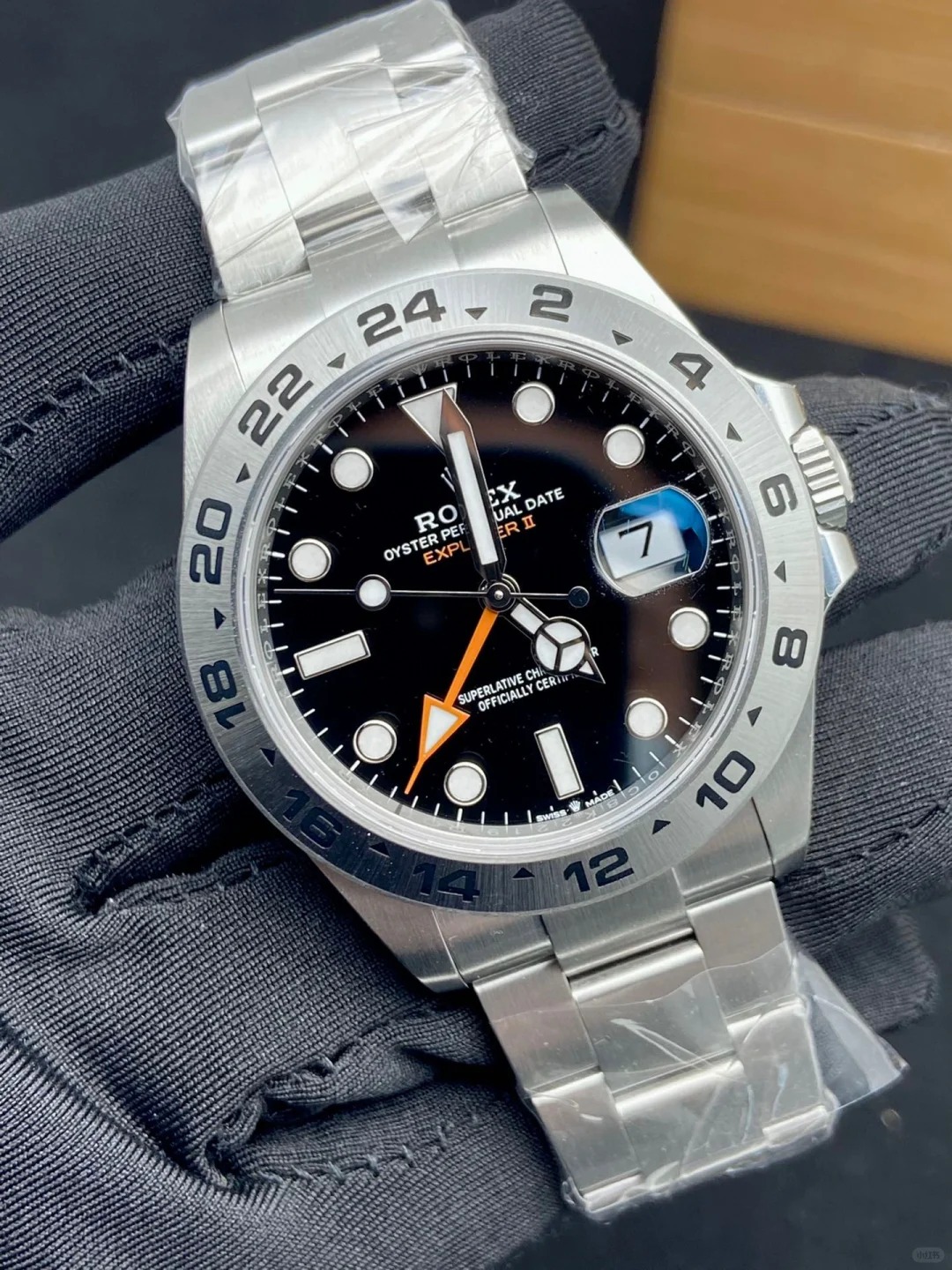 The Oyster Perpetual Explorer II is made of Oyster steel with an Oyster bracelet and a black dial with arrow-shaped 24-hour hands and hour markers coated with Chromalight. -m226570-0002 42mm