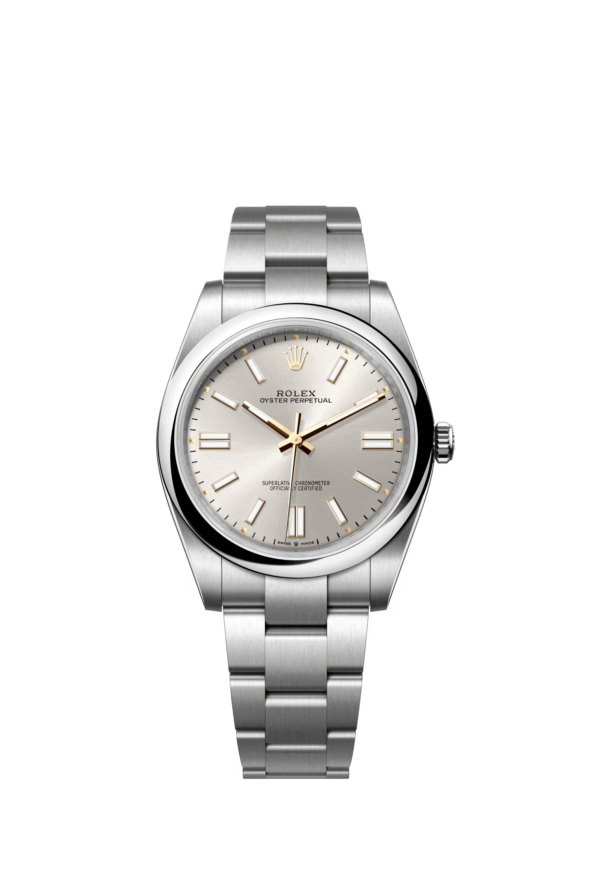 The Oyster Perpetual 41 is fitted with a silver dial and an Oyster bracelet. -m124300-0001