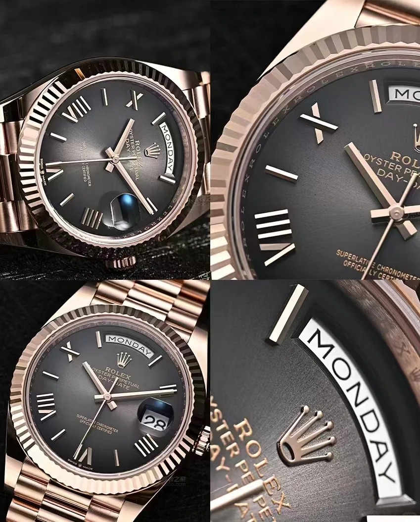 The Oyster Perpetual Day-Date 40 in 18 ct Everose gold with a grey gradient slate dial, fluted bezel and President bracelet. -m228235-0055