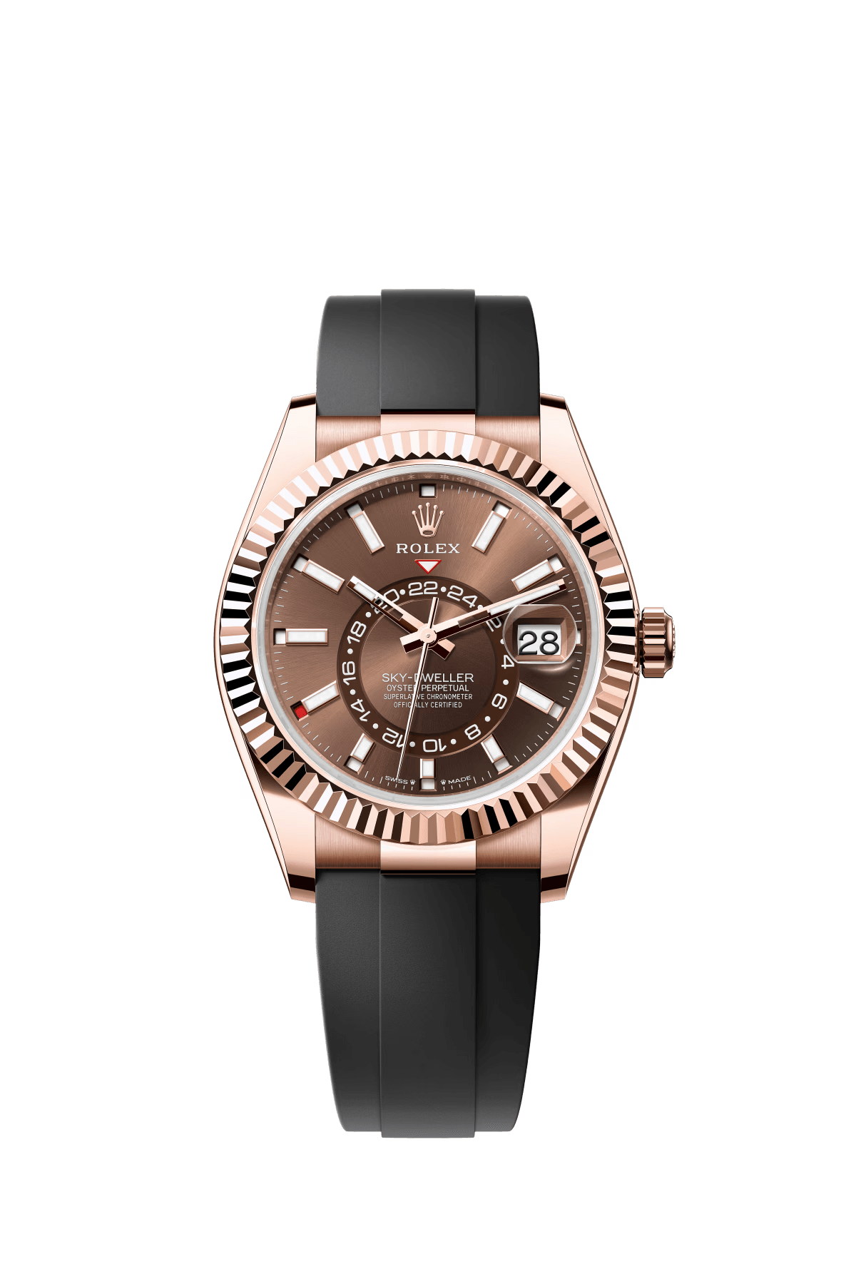 The Oyster Perpetual Sky-Dweller in 18-carat Everose gold with a chocolate-coloured dial and an Oysterflex bracelet. -m336235-0002 42mm