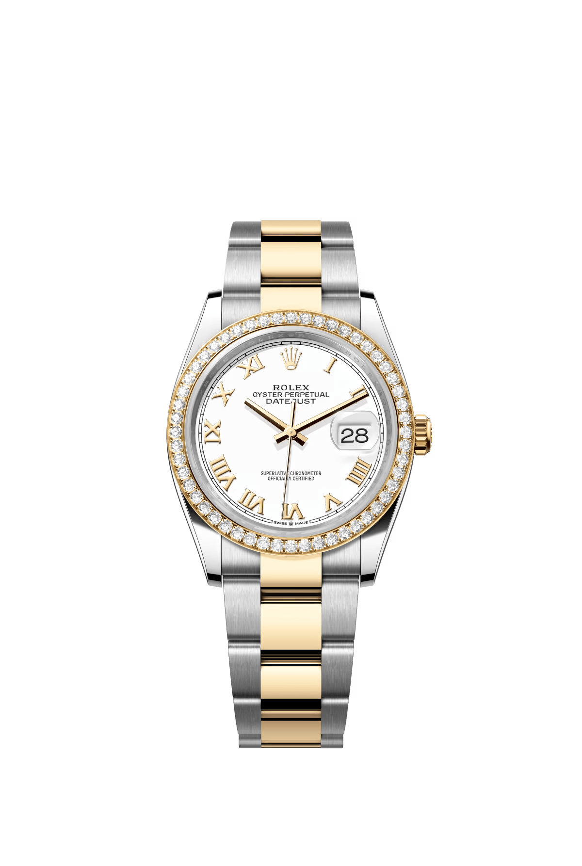 The Oyster Perpetual Datejust 36 is available in yellow gold and Oystersteel with a white dial and Oyster bracelet. -m126283rbr-0016