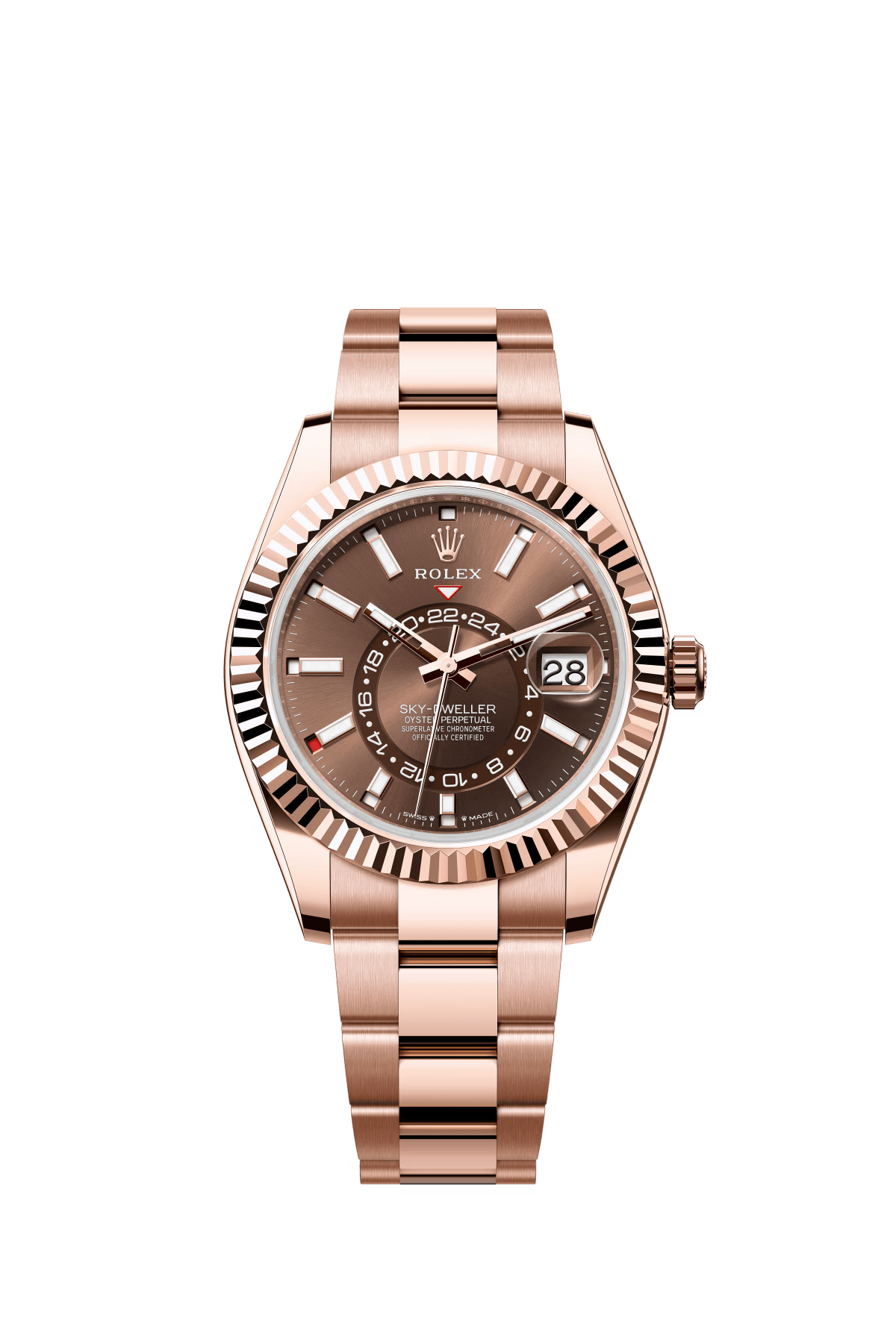 The Oyster Perpetual Sky-Dweller in 18-carat Everose gold with a chocolate-coloured dial and an Oyster bracelet. -m336935-0002 42mm