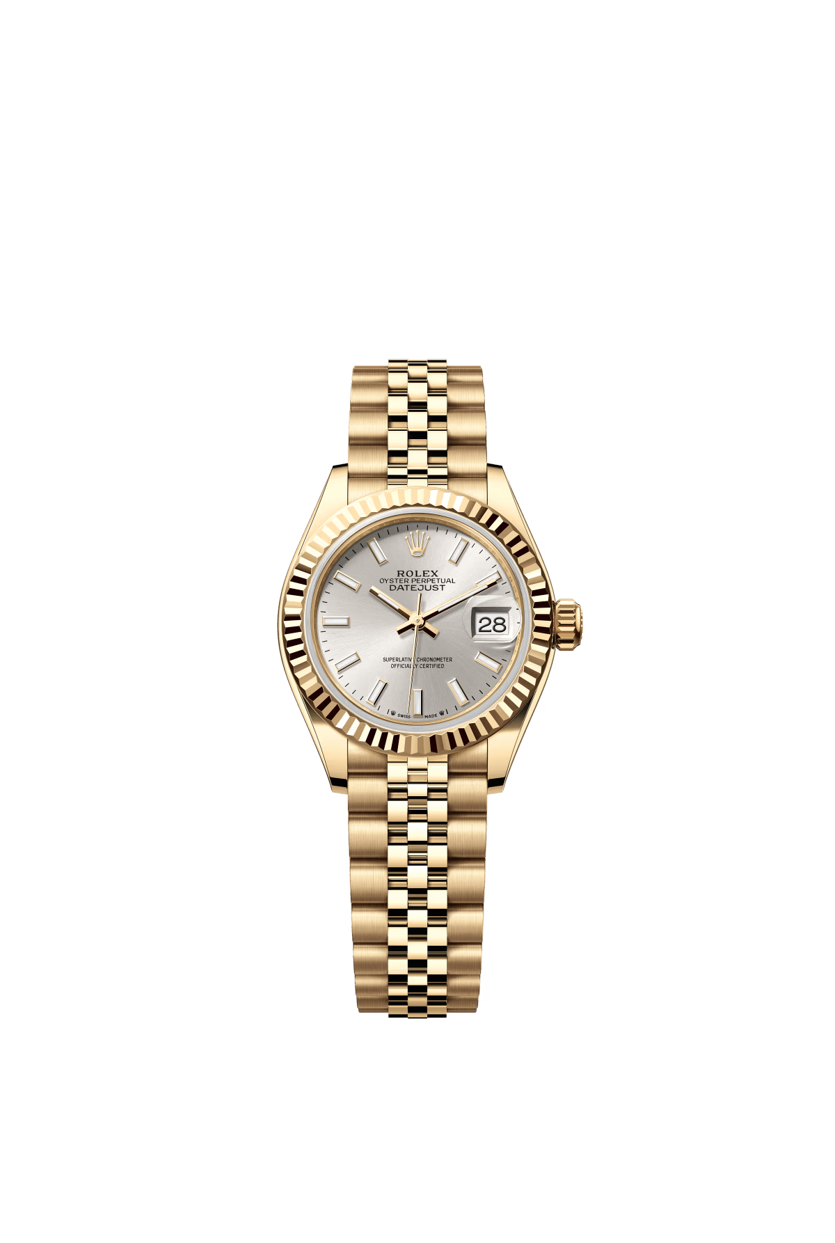 The Oyster Perpetual Lady-Datejust in 18 ct yellow gold with a silver dial and Jubilee bracelet. -m279178-0006 28mm