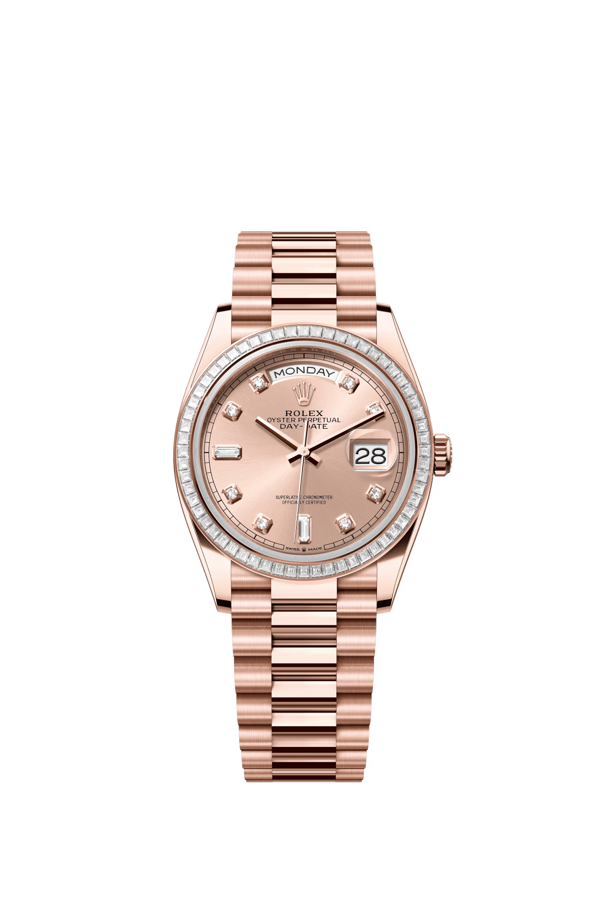 The Oyster Perpetual Day-Date 36 in 18 ct Everose gold with a rose gold-tone diamond-set dial, diamond-set bezel and President bracelet. -m128395tbr-0002