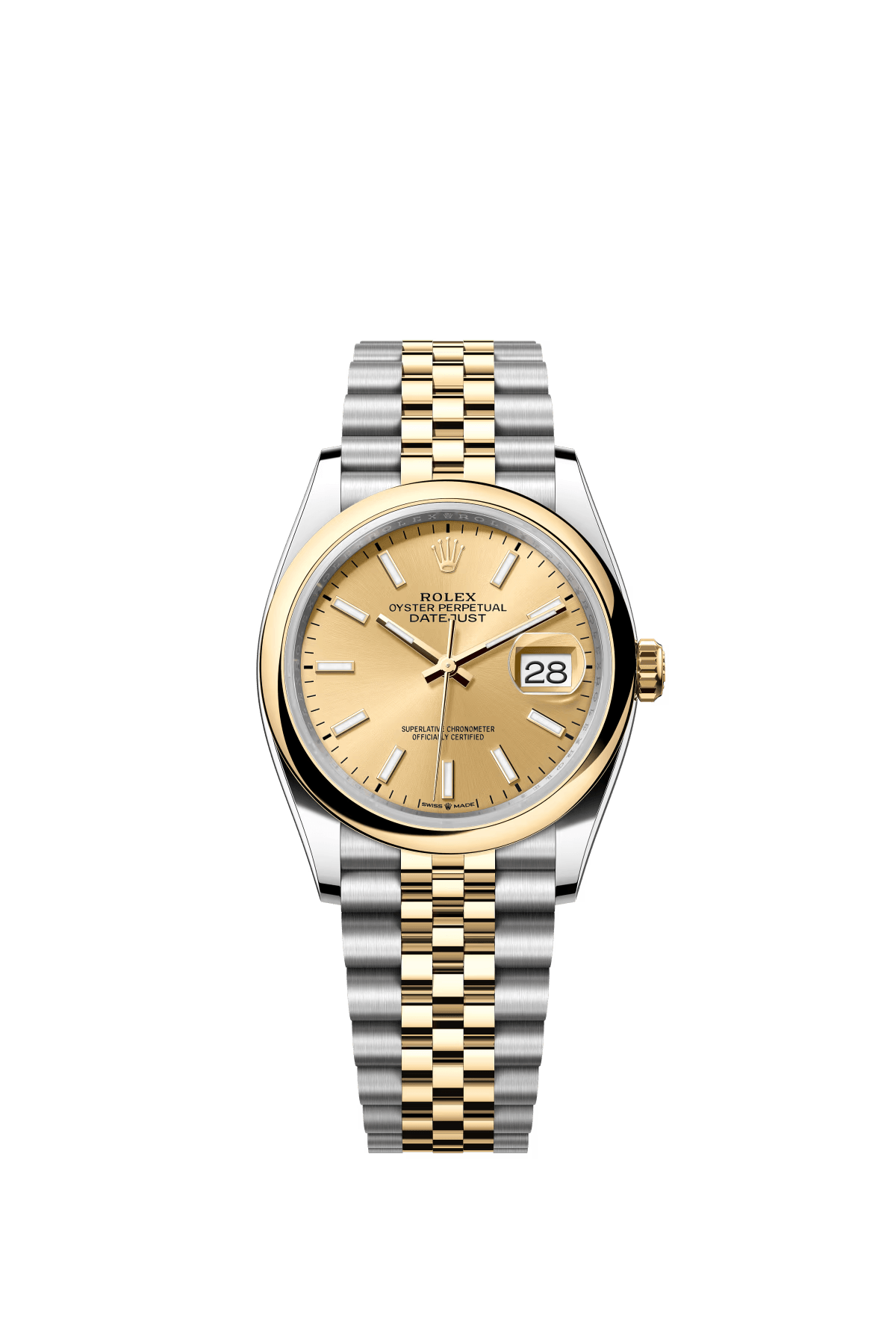 The Oyster Perpetual Datejust 36 is available in yellow gold and Oystersteel with a champagne-coloured dial and a Jubilee bracelet. -m126203-0015