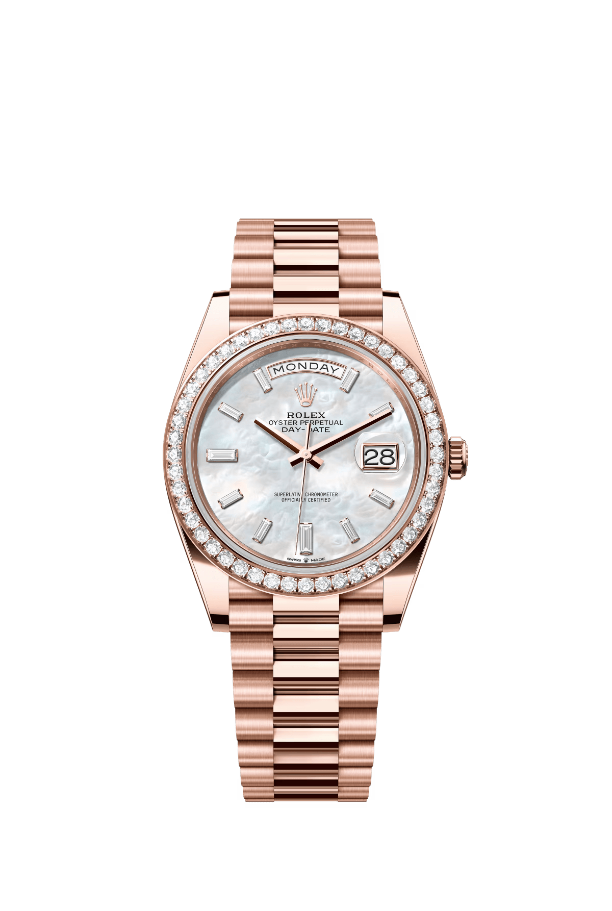 The Oyster Perpetual Day-Date 40 in 18 ct Everose gold features a diamond-set white mother-of-pearl dial, a diamond-set bezel and a President bracelet. -m228345rbr-0026