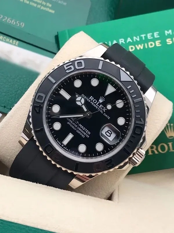 The Oyster Perpetual Yacht-Master 42 is available in 18 ct white gold with a black dial and an Oysterflex bracelet. -m226659-0002