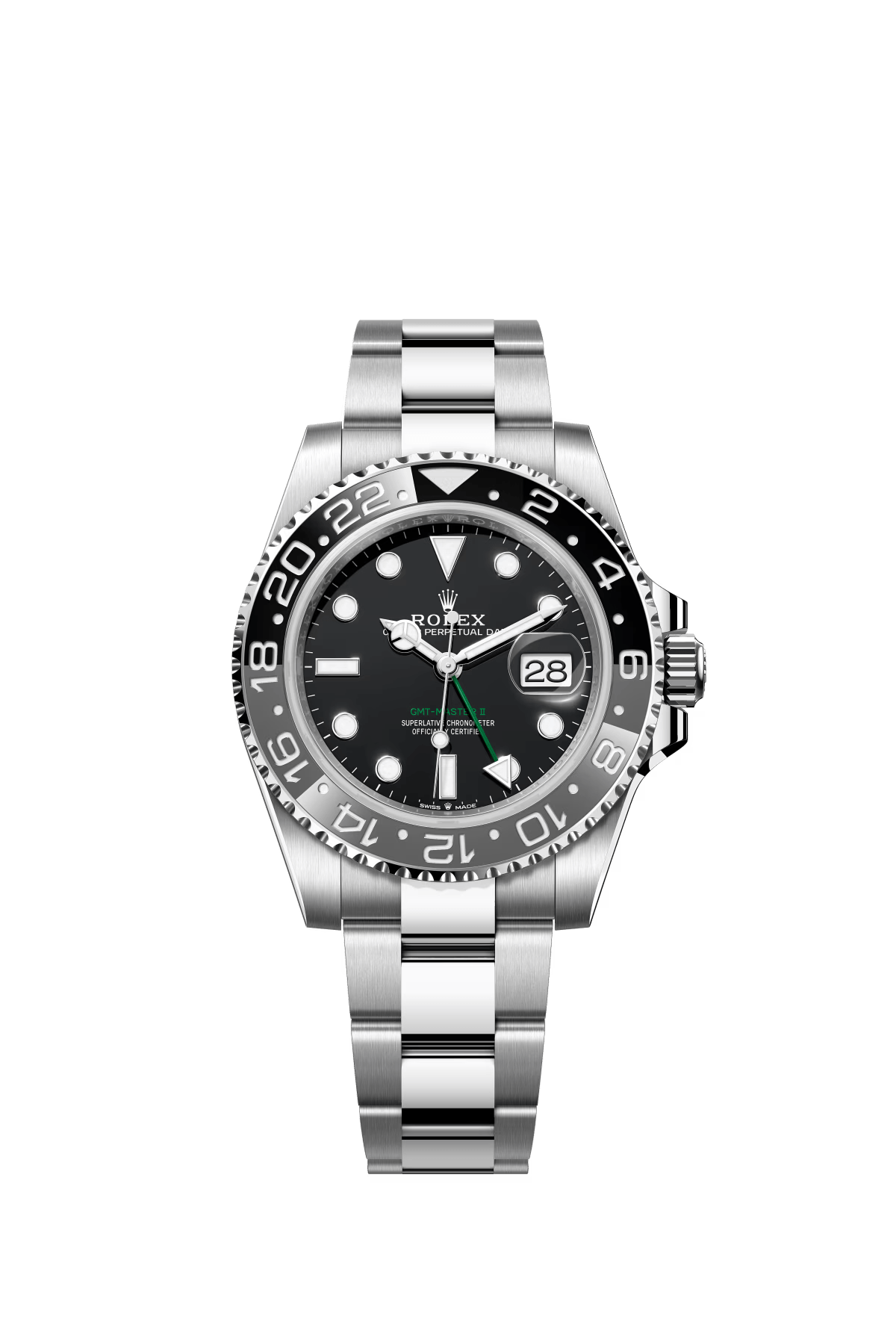 The Oyster Perpetual GMT-Master II is made of Oyster steel with a black dial and an Oyster bracelet. -m126710grnr-0004 40mm
