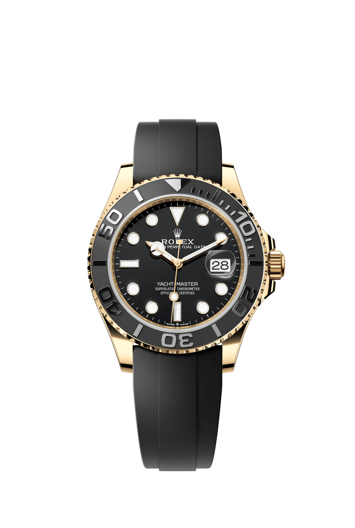 The Oyster Perpetual Yacht-Master 42 is available in 18 ct yellow gold with a black dial and an Oysterflex strap. -m226658-0001