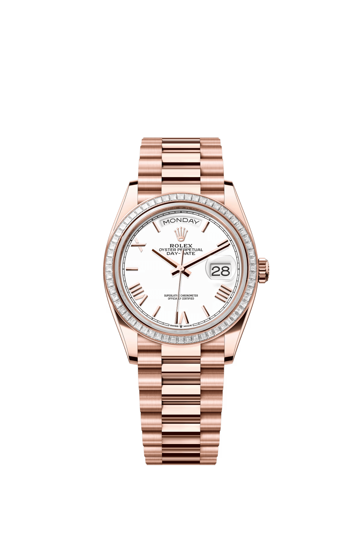 The Oyster Perpetual Day-Date 36 in 18-carat Everose gold with a white dial, diamond-set bezel and President bracelet. -m128395tbr-0022