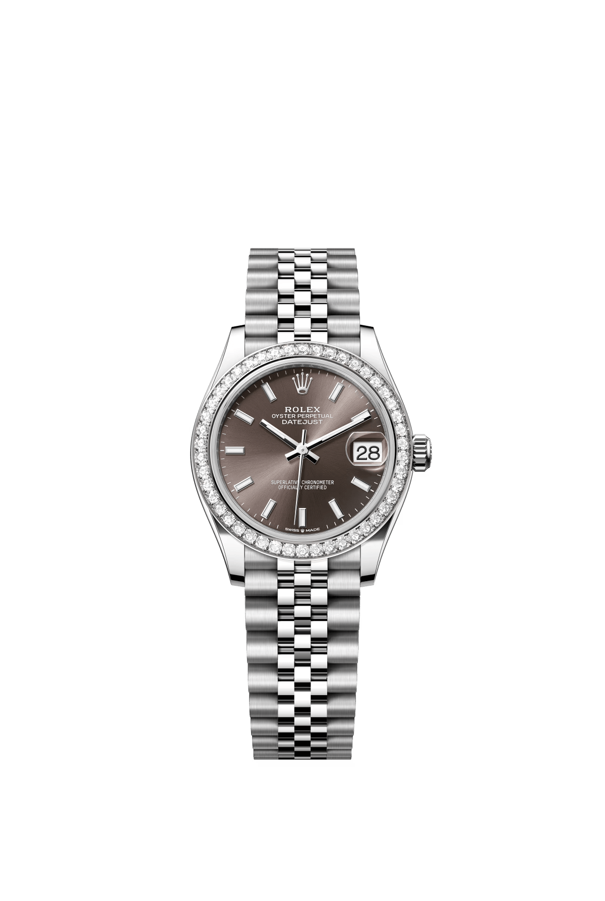 The Oyster Perpetual Datejust 31 is available in white gold and Oystersteel with a dark grey dial and a Jubilee bracelet. -m278384rbr-0020