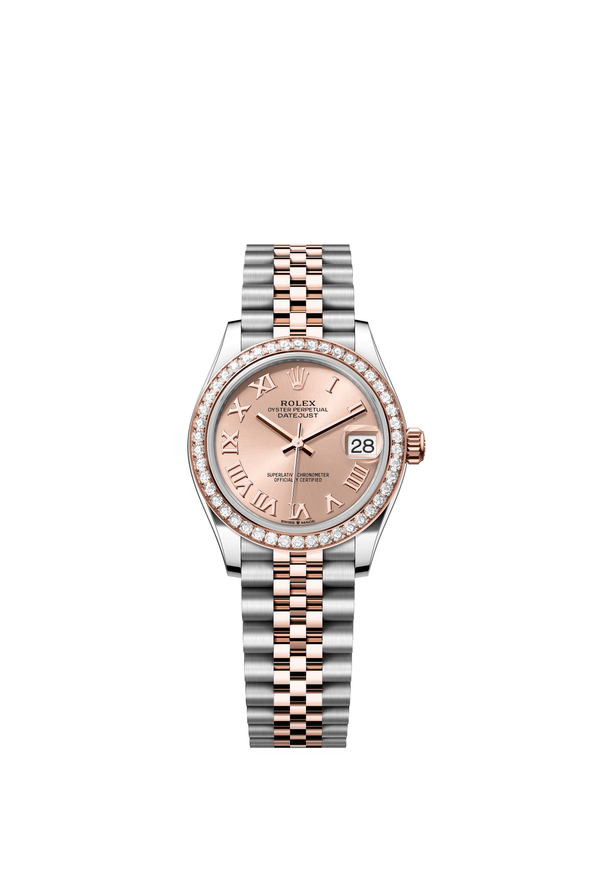 The Oyster Perpetual Datejust 31 is available in Everose gold and Oystersteel with a rose gold dial and a Jubilee bracelet. -m278381rbr-0002