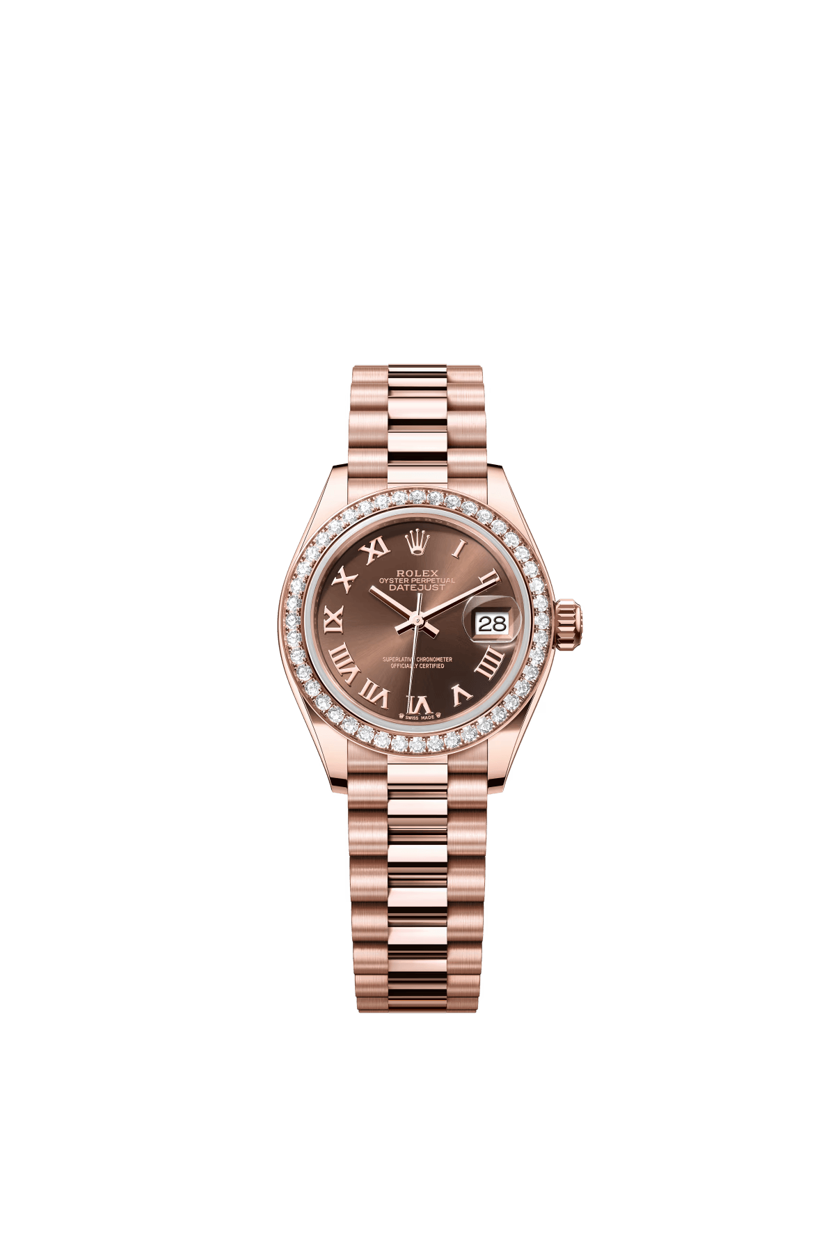 The Oyster Perpetual Lady-Datejust in 18-carat Everose gold with a chocolate-coloured dial and President bracelet. -m279135rbr-0016 28mm