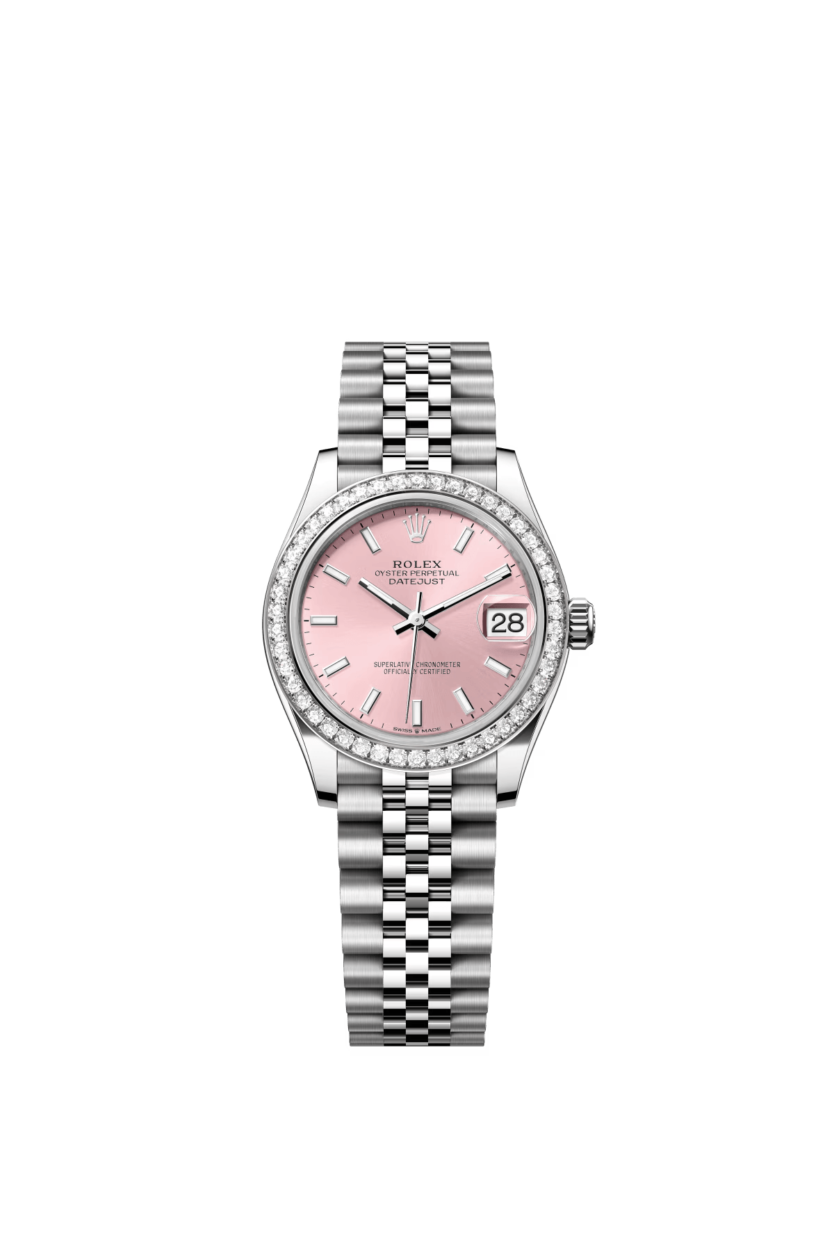 The Oyster Perpetual Datejust 31 is available in white gold and Oystersteel with a pink dial and a Jubilee bracelet. -m278384rbr-0018