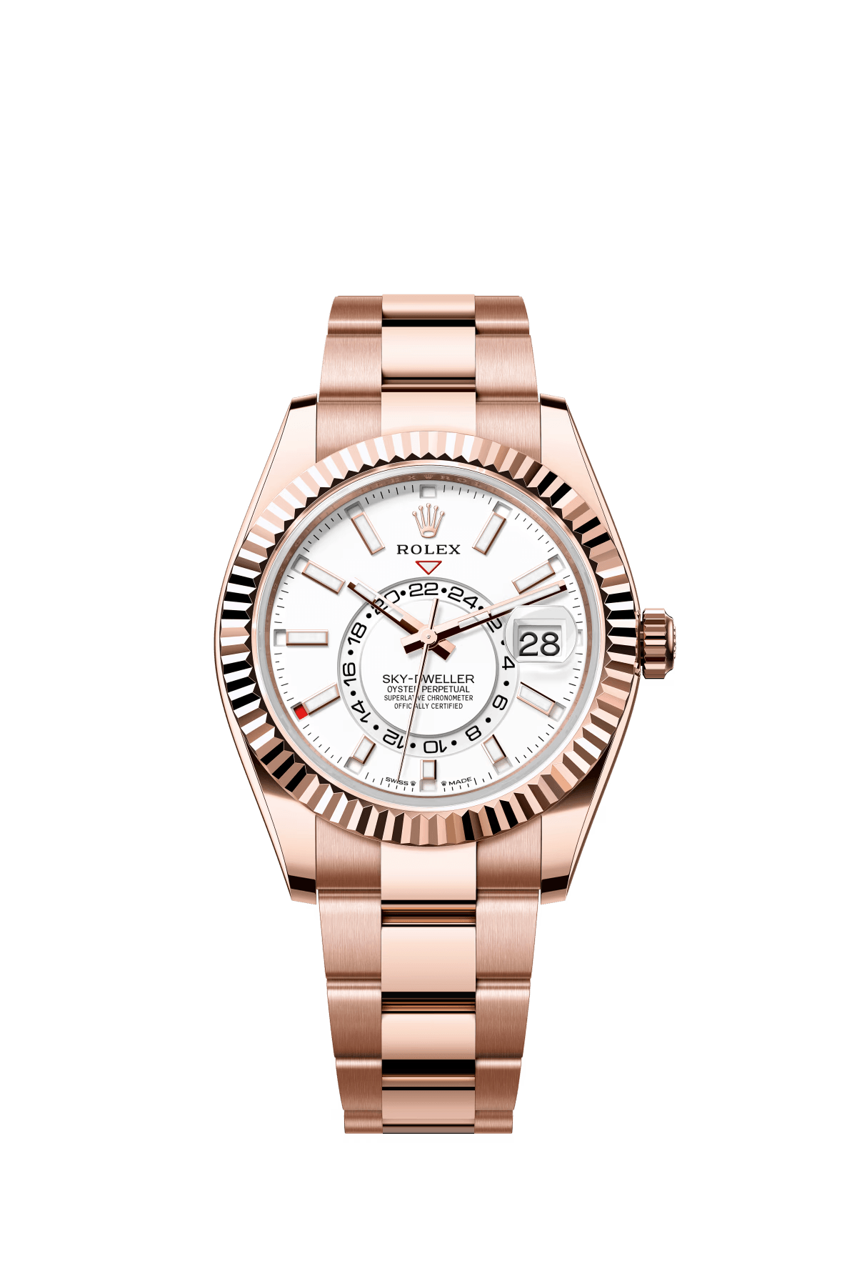 The Oyster Perpetual Sky-Dweller in 18-carat Everose gold with a mellow white dial and Oyster bracelet. -m336935-0003 42mm