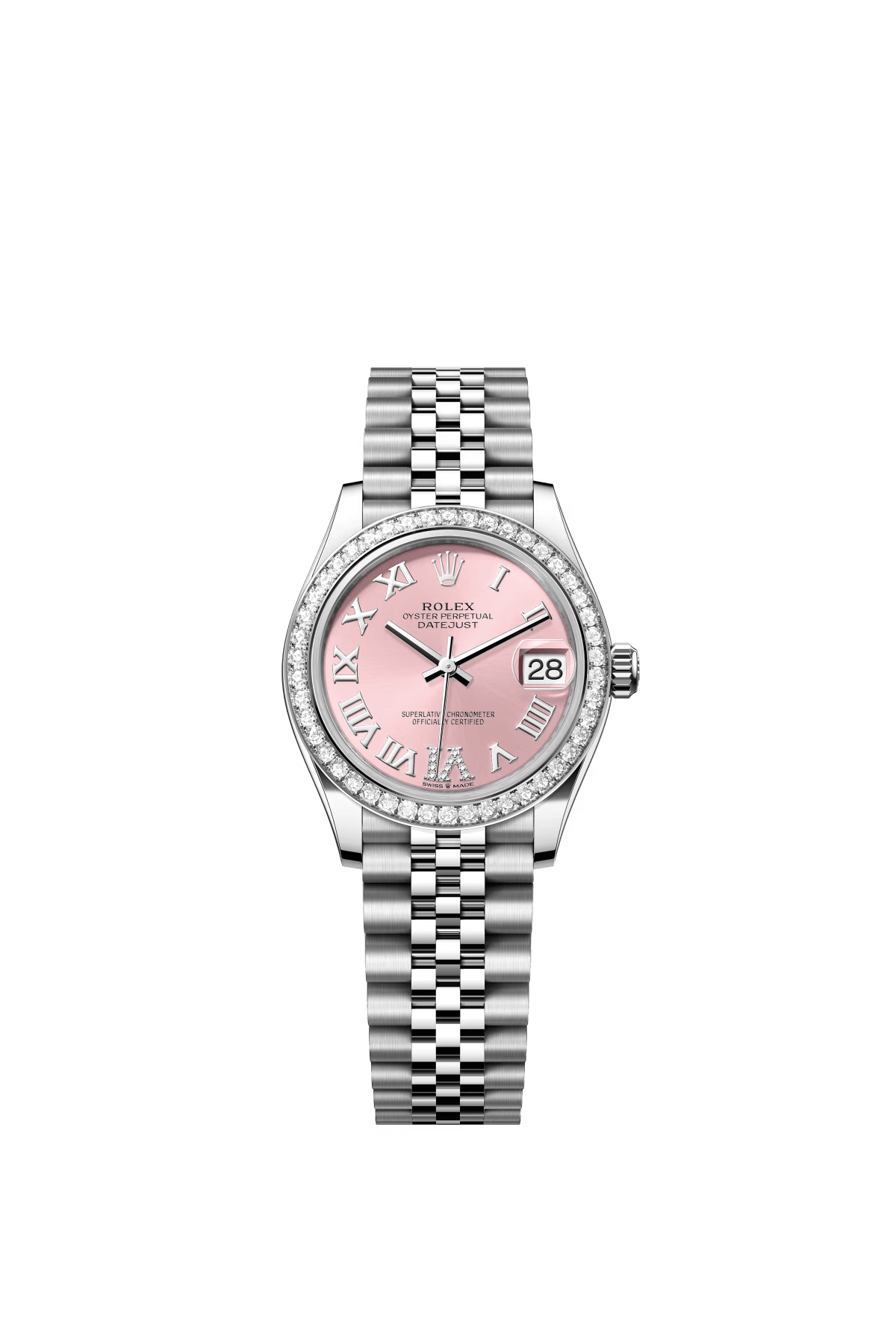 The Oyster Perpetual Datejust 31 is available in white gold and Oystersteel with a pink diamond-set dial and a Jubilee bracelet. -m278384rbr-0028