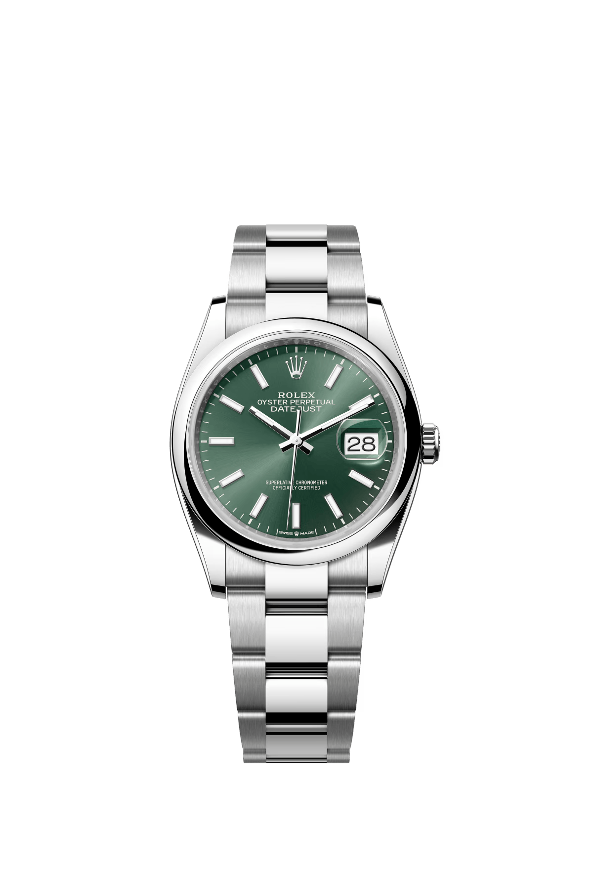 The Oyster Perpetual Datejust 36 is made in Oysteel with a mint green dial and an Oyster bracelet. -m126200-0024
