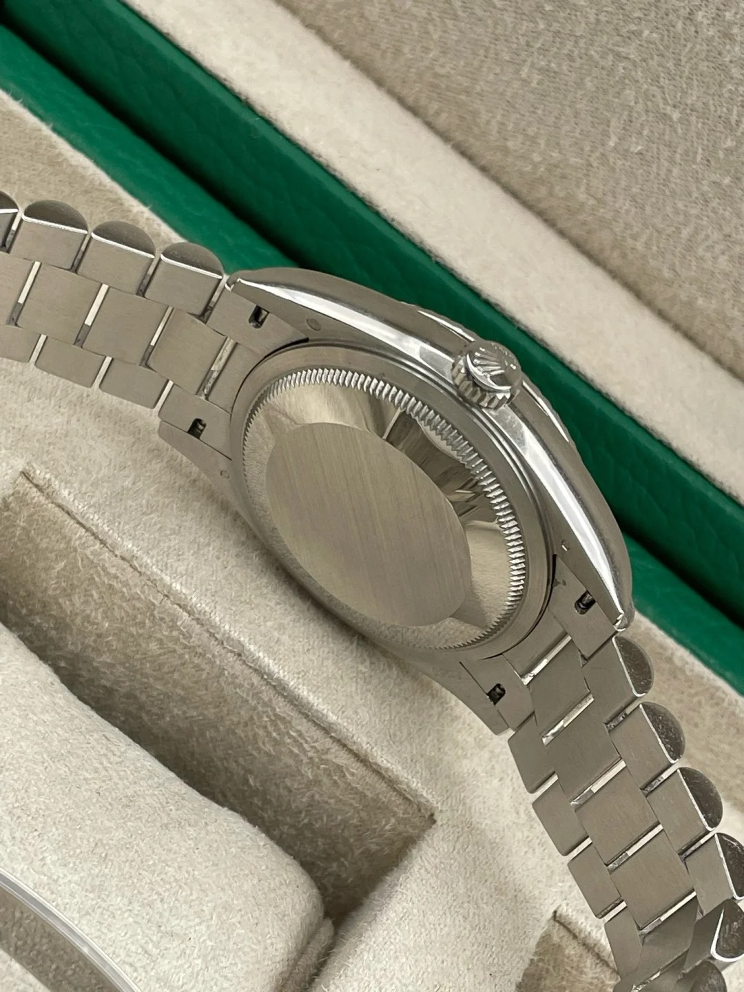 The Oyster Perpetual Day-Date 36 in platinum with an ice-blue dial, fluted bezel and President bracelet. -m128236-0018