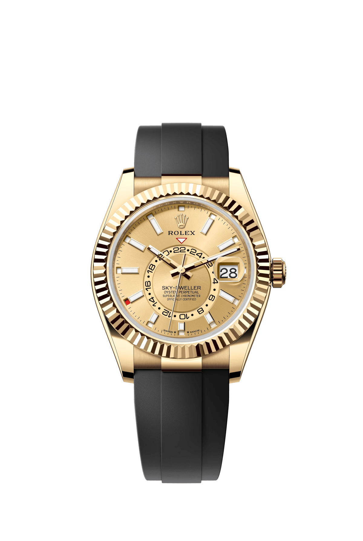 The Oyster Perpetual Sky-Dweller is available in 18 ct yellow gold with a champagne-coloured dial and an Oysterflex strap. -m336238-0001 42mm