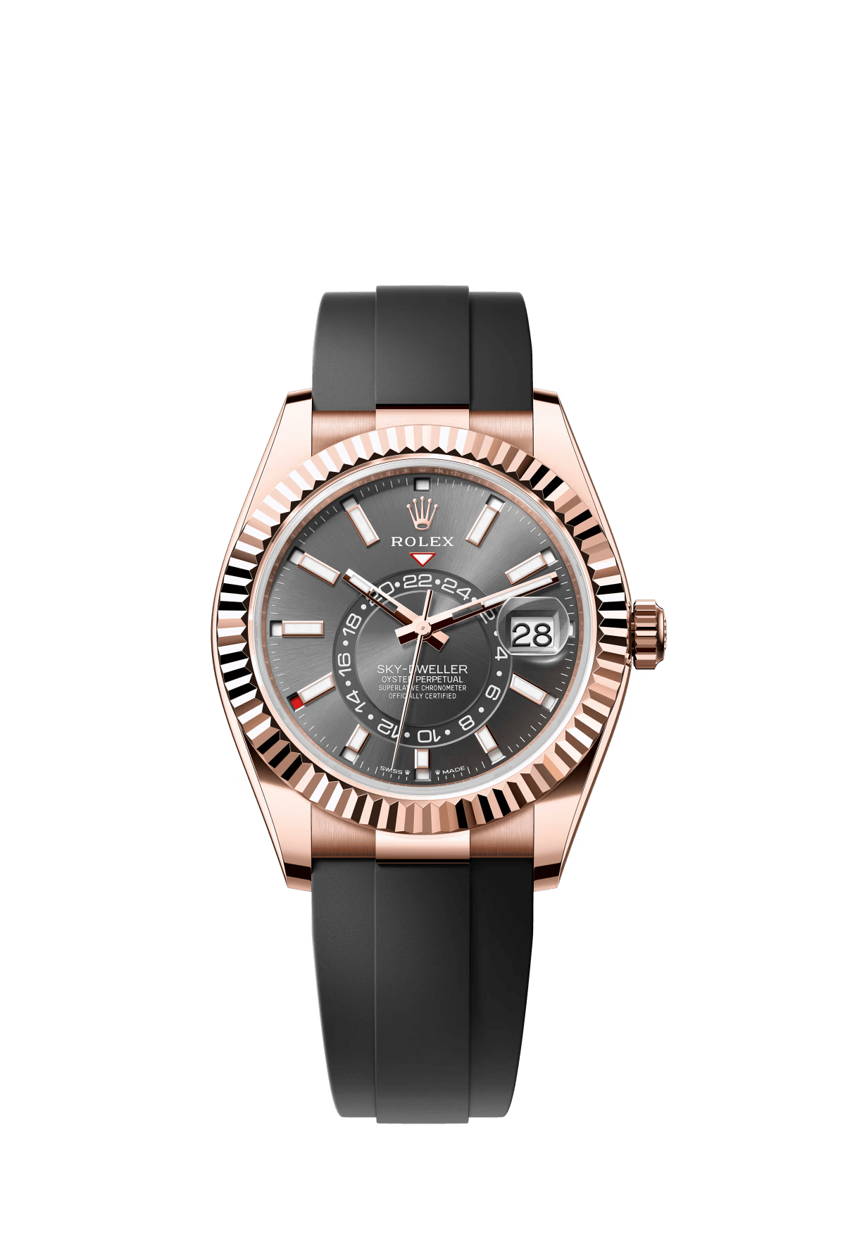 The Oyster Perpetual Sky-Dweller in 18-carat Everose gold with a slate grey dial and an Oysterflex strap. -m336235-0004 42mm