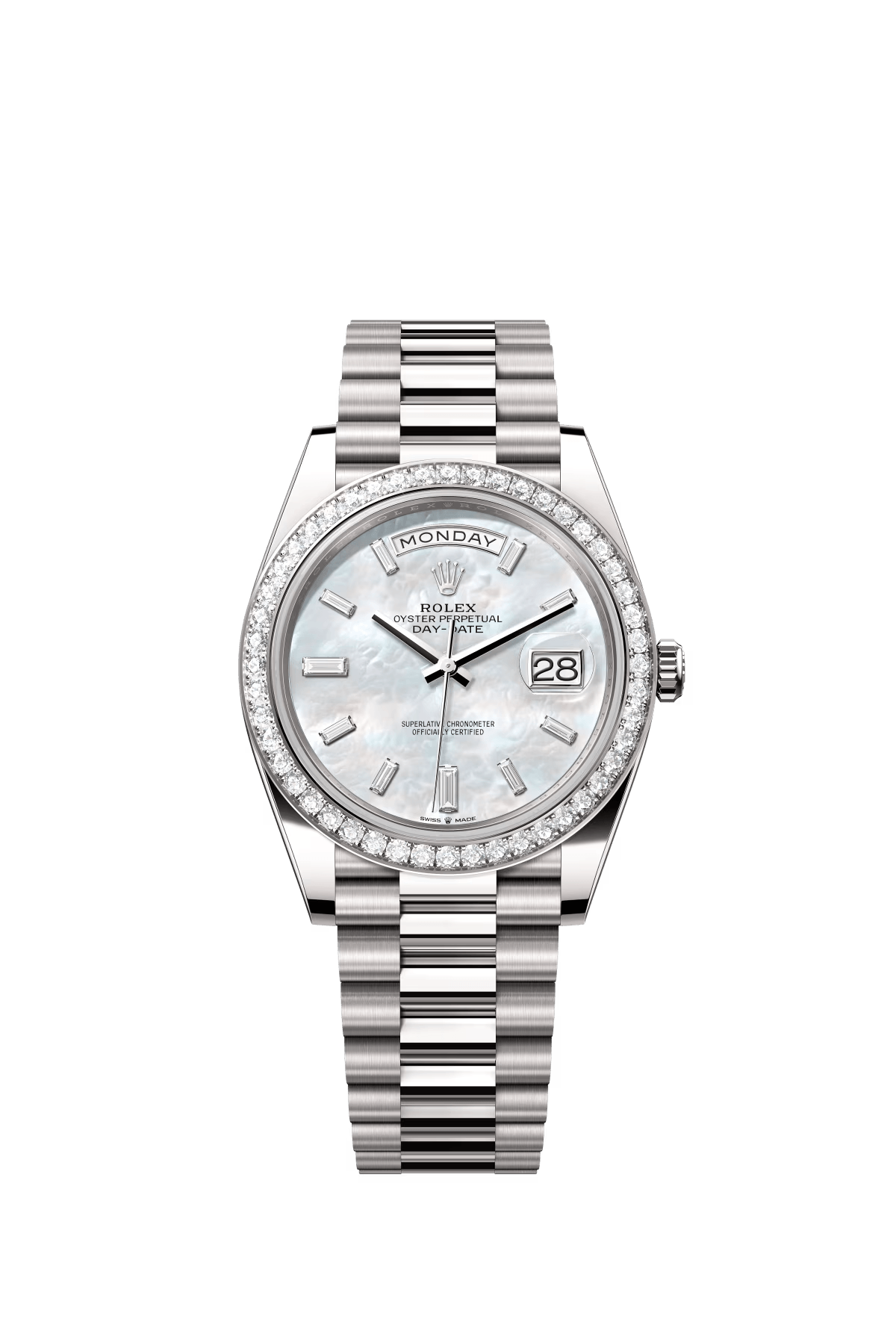 The Oyster Perpetual Day-Date 40 is in 18 ct white gold with a diamond-set white mother-of-pearl dial, diamond-set bezel and a President bracelet. -m228349rbr-0046