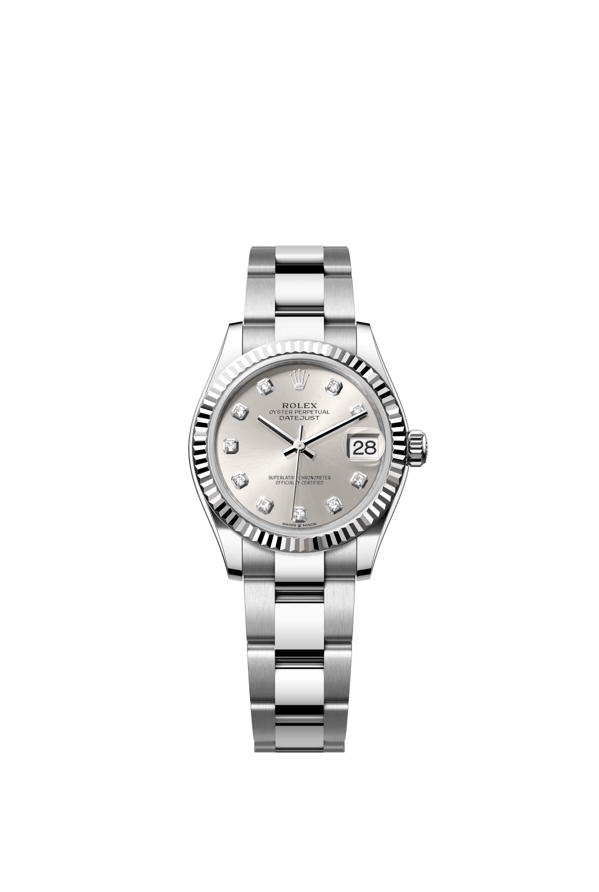 The Oyster Perpetual Datejust 31 is available in white gold and Oysteel, with a diamond-set silver dial and an Oyster bracelet. -m278274-0029