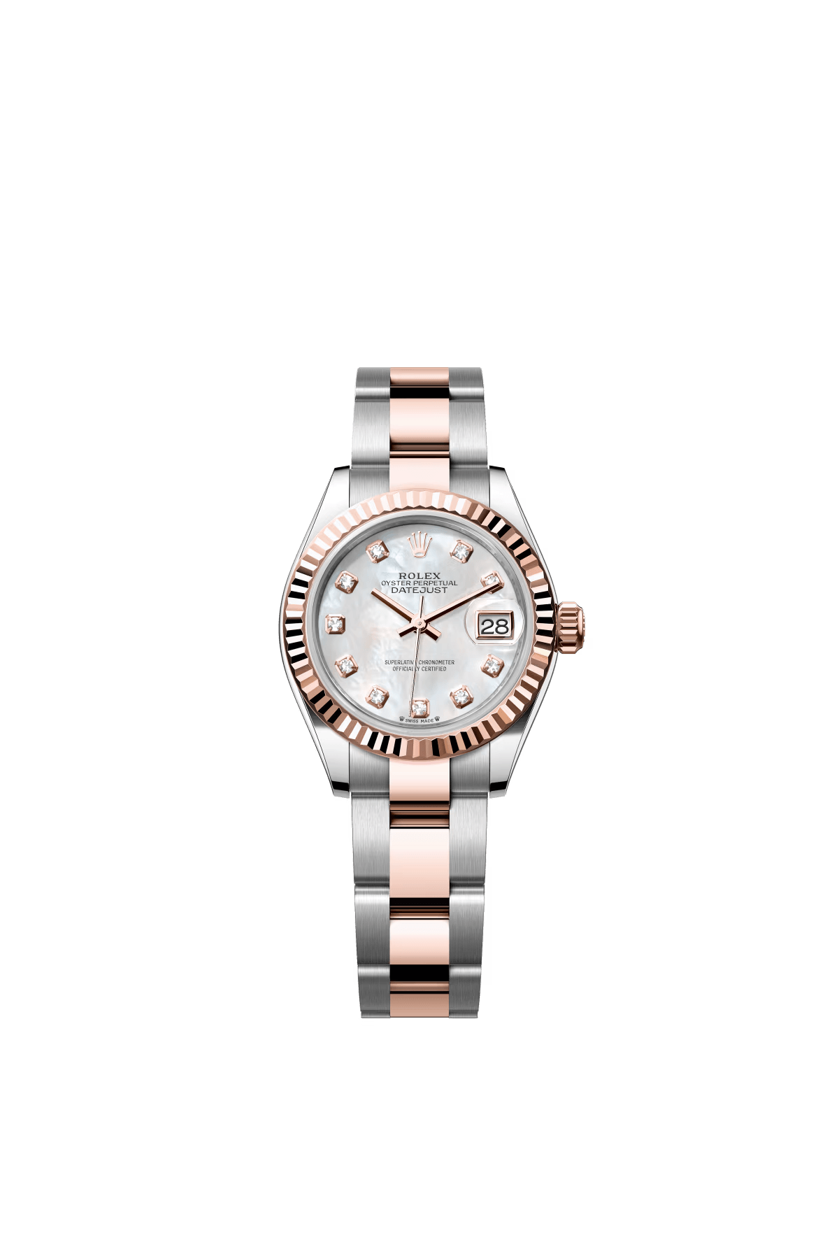 The Oyster Perpetual Lady-Datejust in Everose gold and Oystersteel features a diamond-set white mother-of-pearl dial and an Oyster bracelet. -m279171-0014 28mm