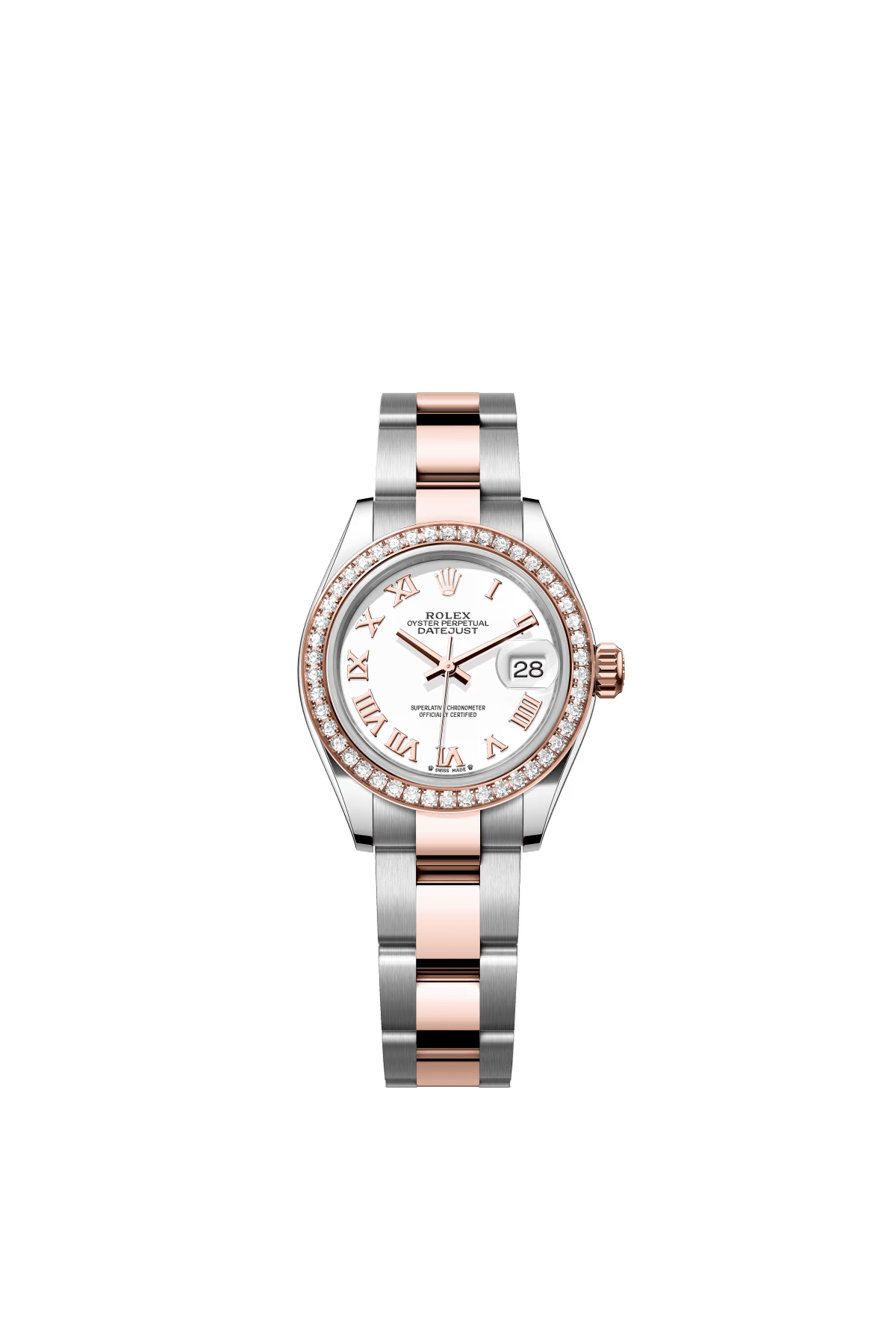 The Oyster Perpetual Lady-Datejust is available in Everose gold and Oystersteel with a white dial and Oyster bracelet. -m279381rbr-0022 28mm