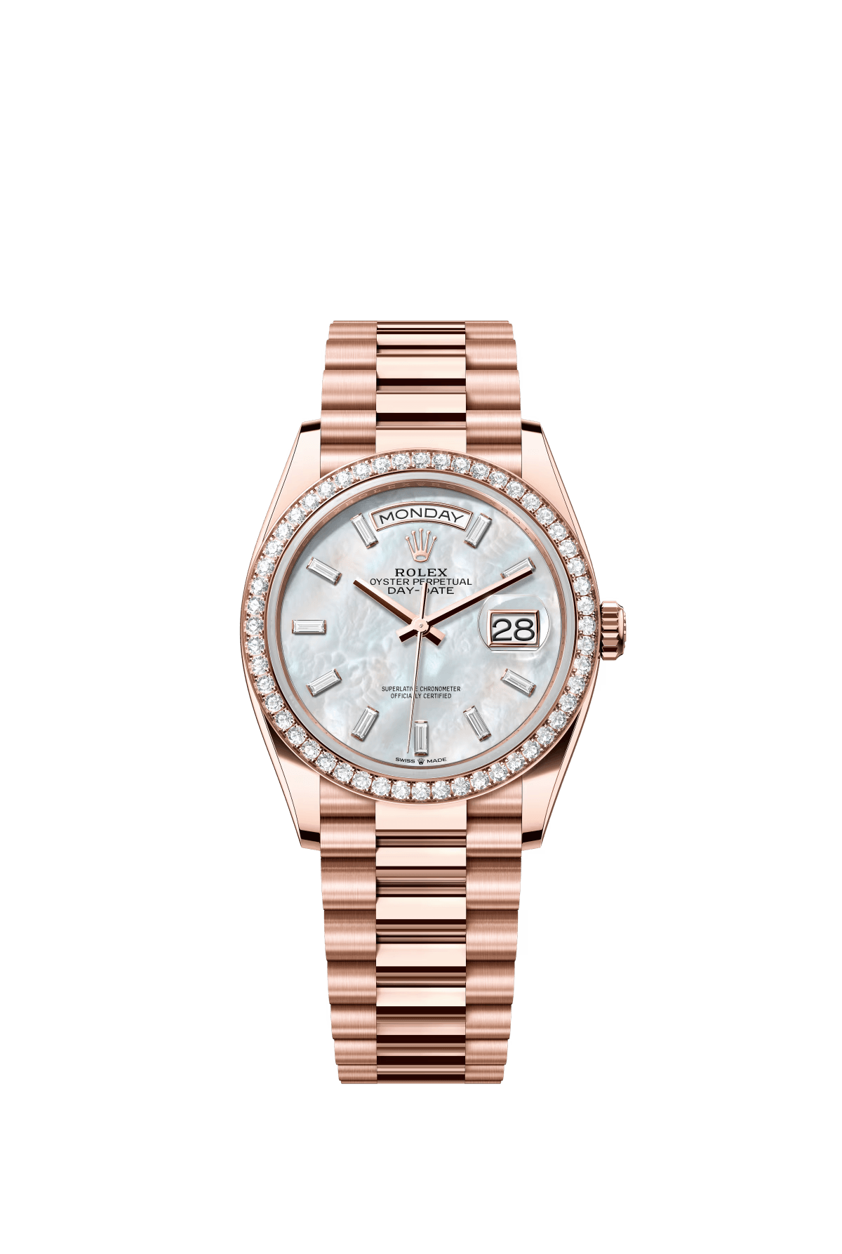 The Oyster Perpetual Day-Date 36 in 18 ct Everose gold features a diamond-set white mother-of-pearl dial, a diamond-set bezel and a President bracelet. -m128345rbr-0077