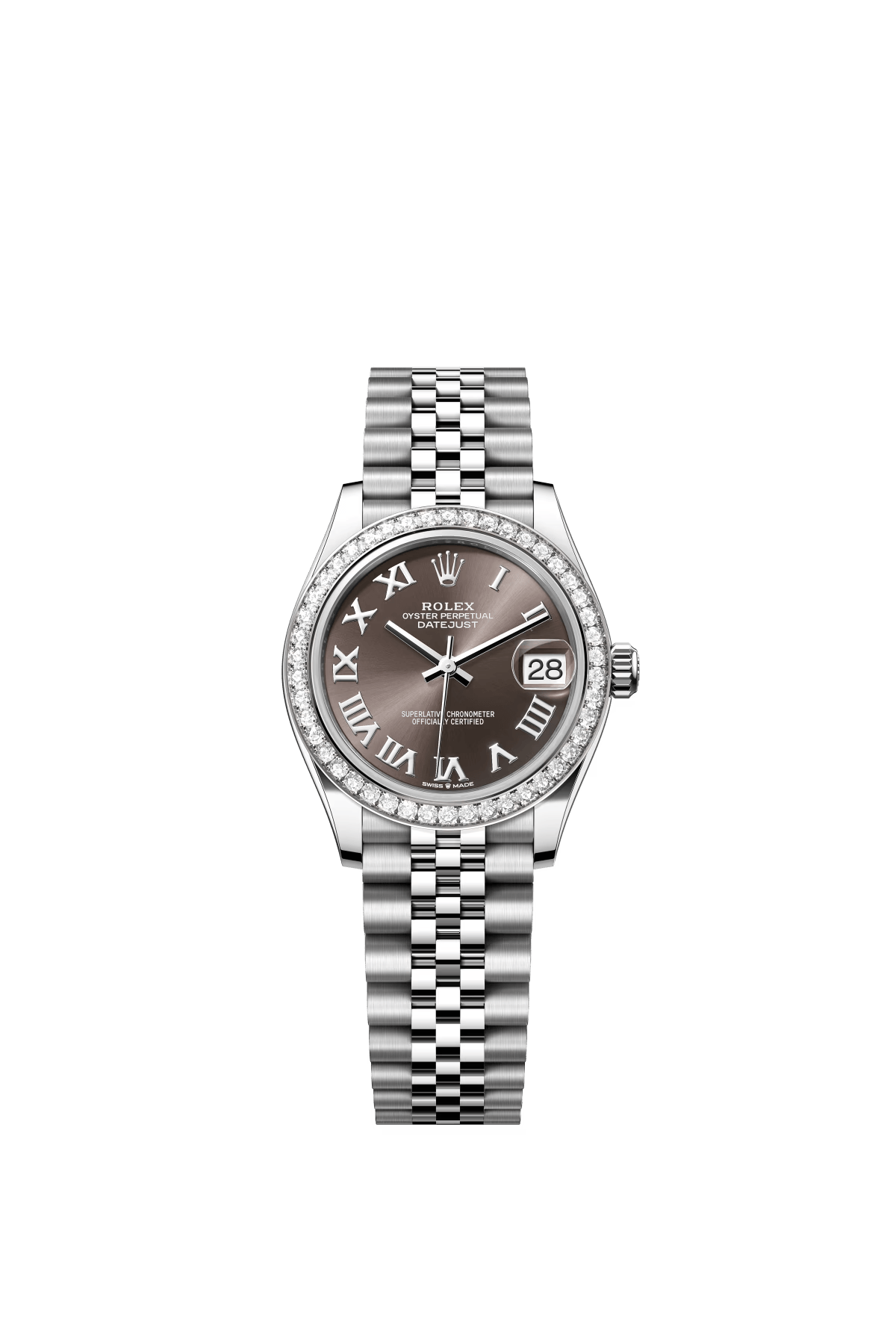 The Oyster Perpetual Datejust 31 is available in white gold and Oystersteel with a dark grey dial and a Jubilee bracelet. -m278384rbr-0026