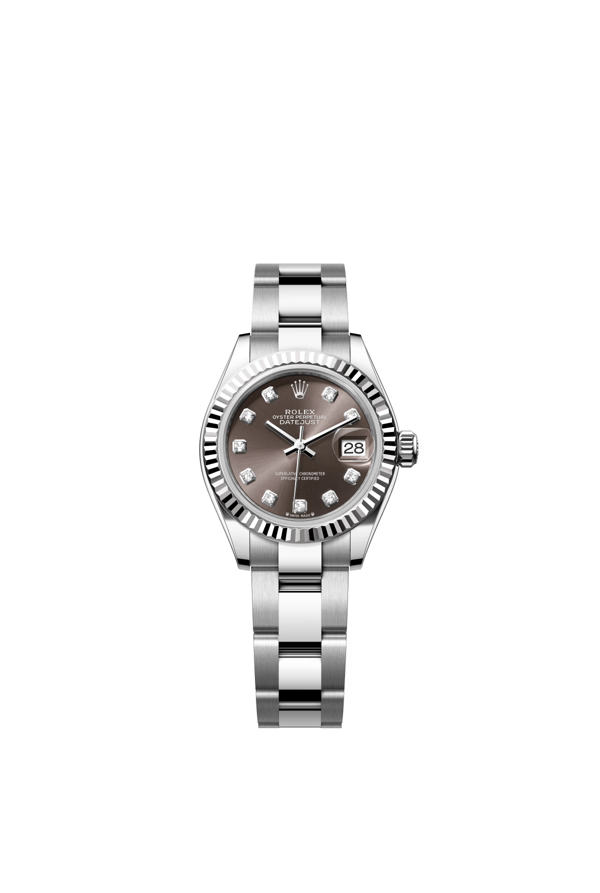 The Oyster Perpetual Lady-Datejust in white gold and Oystersteel with a diamond-set dark grey dial and an Oyster bracelet. -m279174-0016 28mm
