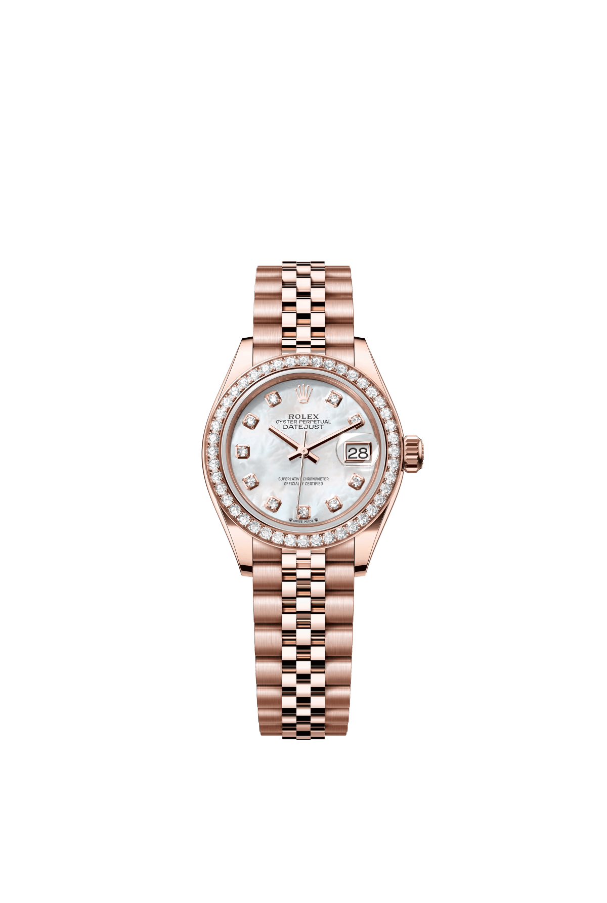 The Oyster Perpetual Lady-Datejust in 18-carat Everose gold with a diamond-set white mother-of-pearl dial and a Jubilee bracelet. -m279135rbr-0019 28mm