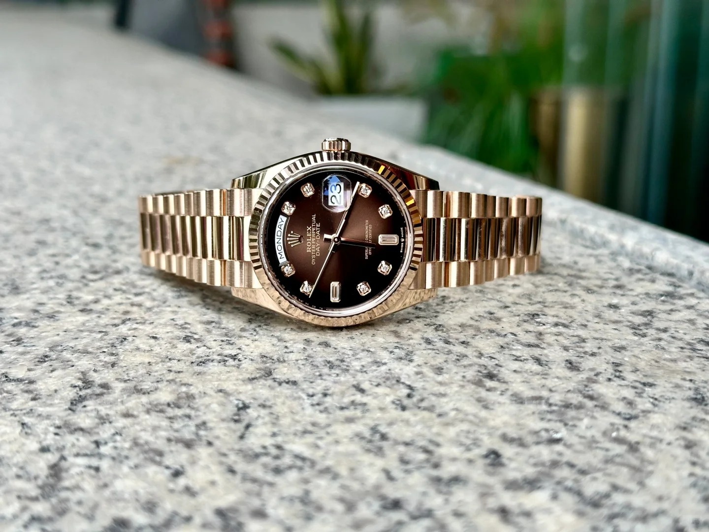 The Oyster Perpetual Day-Date 36 in 18 ct Everose gold with a graduated brown dial, fluted bezel and President bracelet. -m128235-0075