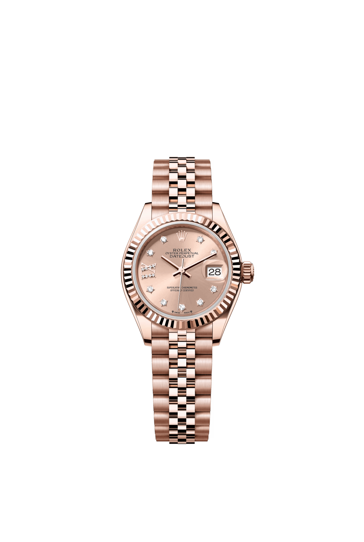 The Oyster Perpetual Lady-Datejust in 18K Everose gold with a rose gold-tone diamond-set dial and a Jubilee bracelet. -m279175-0030 28mm