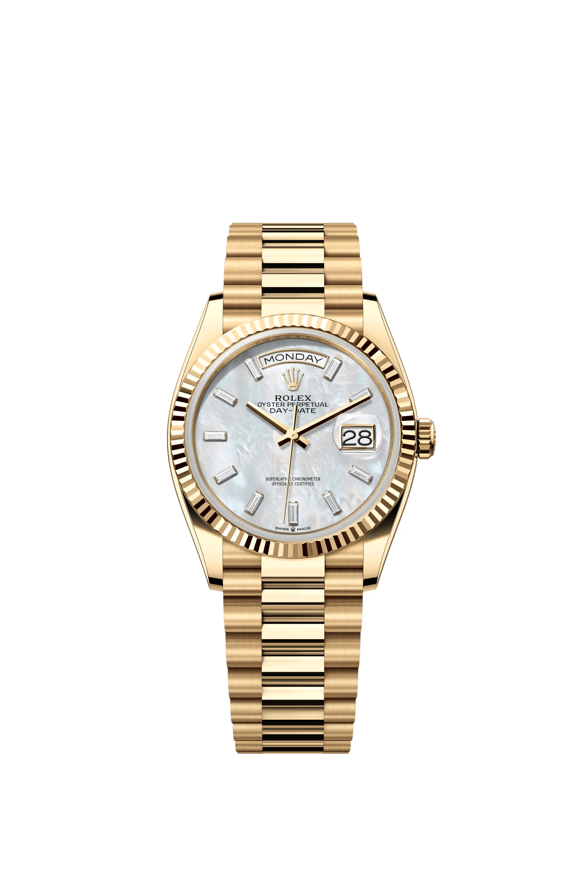 The Oyster Perpetual Day-Date 36 is available in 18 ct yellow gold with a white mother-of-pearl dial set with diamonds, a fluted bezel and a President bracelet. -m128238-0123