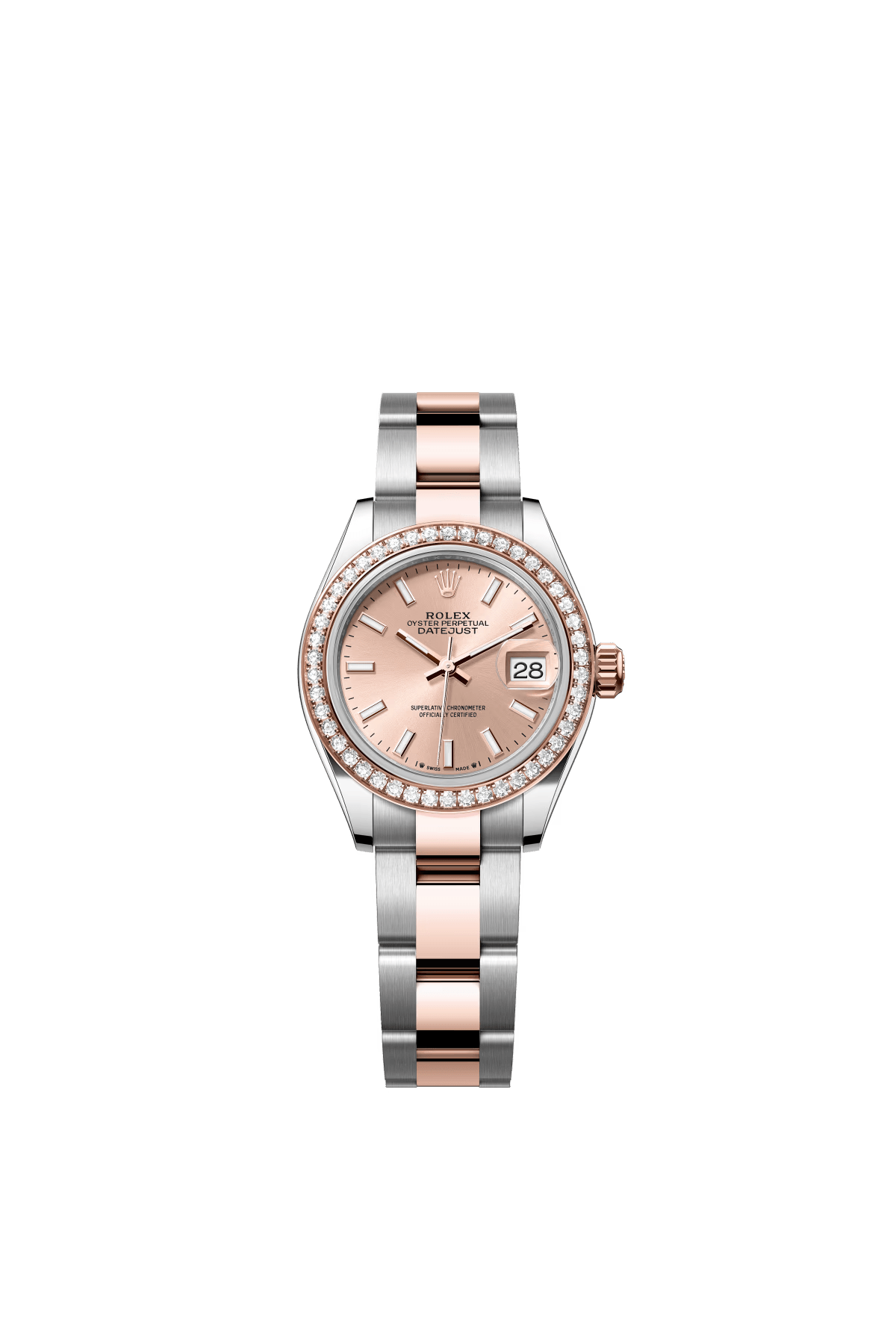 The Oyster Perpetual Lady-Datejust is available in Everose gold and Oystersteel, with a rose gold dial and an Oyster bracelet. -m279381rbr-0024 28mm