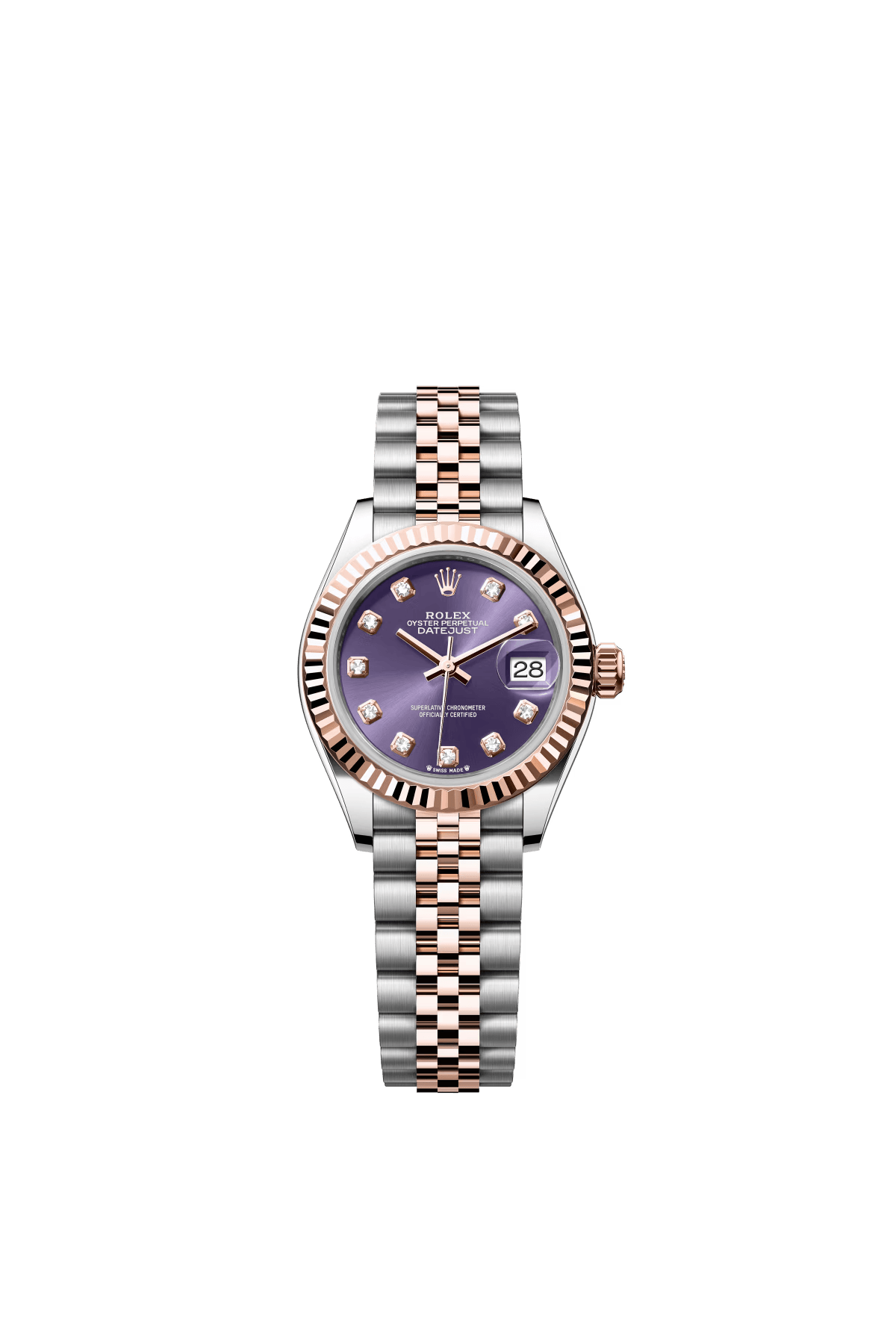 The Oyster Perpetual Lady-Datejust in Everose gold and Oystersteel is presented with a diamond-set eggplant purple dial and a Jubilee bracelet. -m279171-0015 28mm