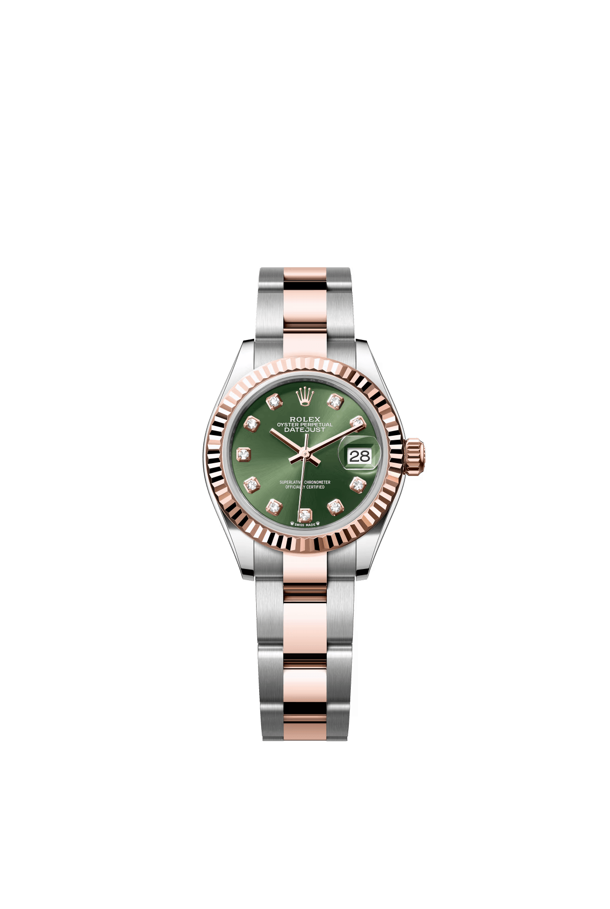 The Oyster Perpetual Lady-Datejust in Everose gold and Oystersteel with a diamond-set olive green dial and an Oyster bracelet. -m279171-0008 28mm
