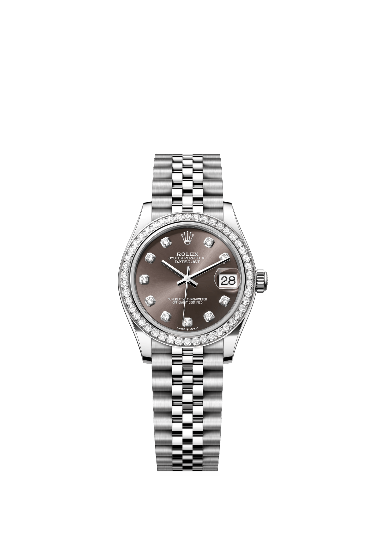 The Oyster Perpetual Datejust 31 is available in white gold and Oystersteel with a diamond-set dark grey dial and a Jubilee bracelet. -m278384rbr-0010