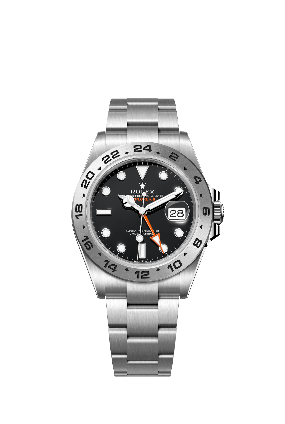 The Oyster Perpetual Explorer II is made of Oyster steel with an Oyster bracelet and a black dial with arrow-shaped 24-hour hands and hour markers coated with Chromalight. -m226570-0002 42mm