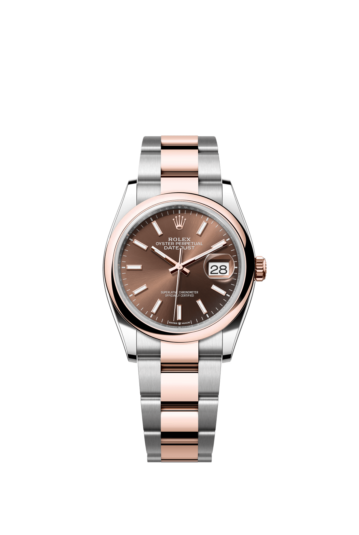 The Oyster Perpetual Datejust 36 is available in Everose gold and Oysteel with a chocolate-coloured dial and an Oyster bracelet. -m126201-0044