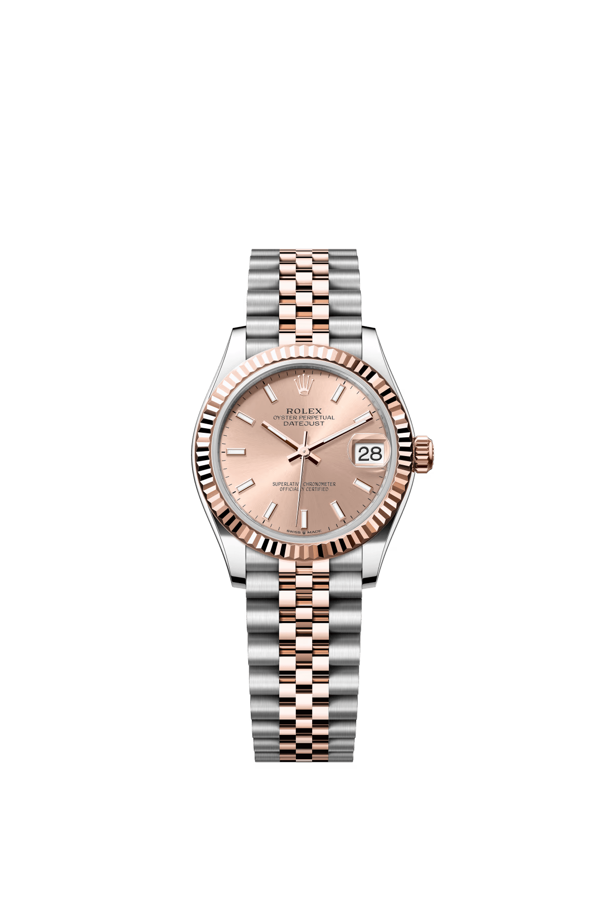The Oyster Perpetual Datejust 31 is available in Everose gold and Oystersteel with a rose gold dial and a Jubilee bracelet. -m278271-0010