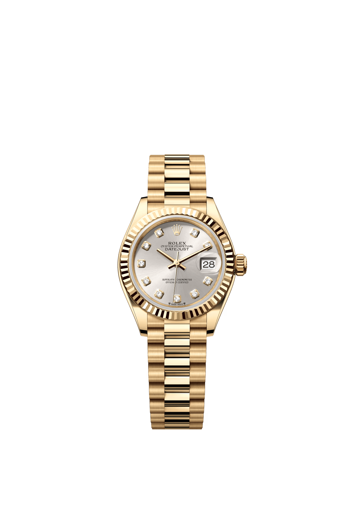The Oyster Perpetual Lady-Datejust in 18 ct yellow gold with a diamond-set silver dial and a President bracelet. -m279178-0015 28mm
